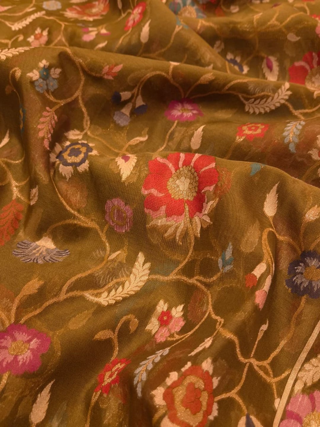 Rich Olive Green with Multicolour Floral Weaving Kora Silk Banarasi saree border closeup