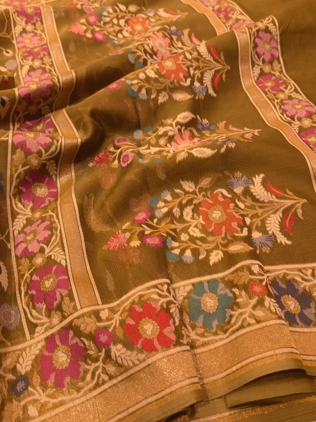 Rich Olive Green with Multicolour Floral Weaving Kora Silk Banarasi saree texture detail