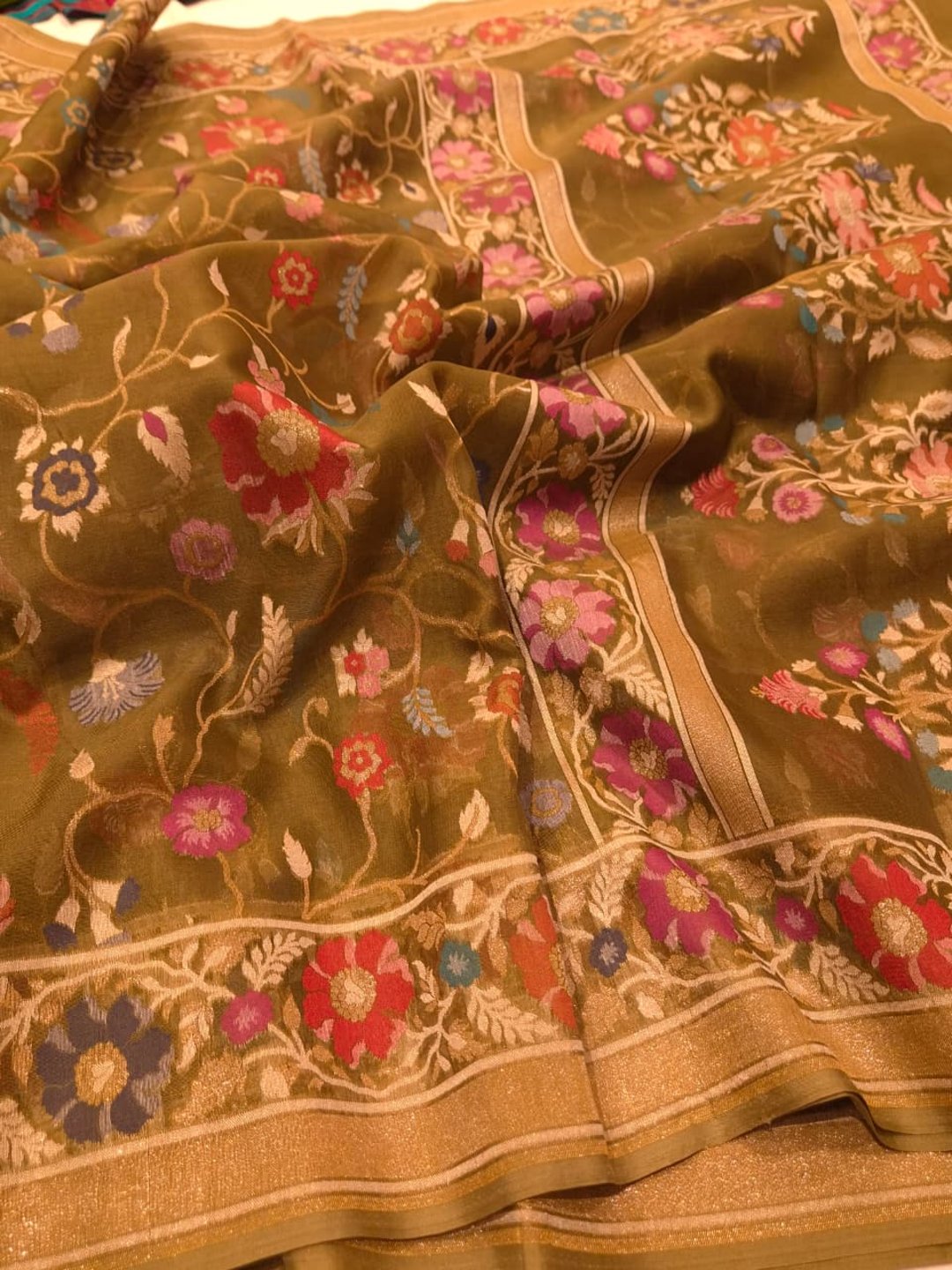 Rich Olive Green with Multicolour Floral Weaving Kora Silk Banarasi saree front drape view