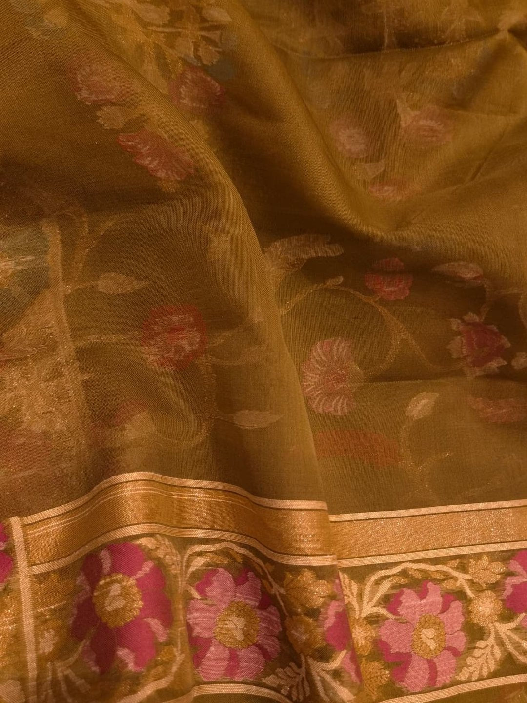 Rich Olive Green with Multicolour Floral Weaving Kora Silk Banarasi saree front drape view