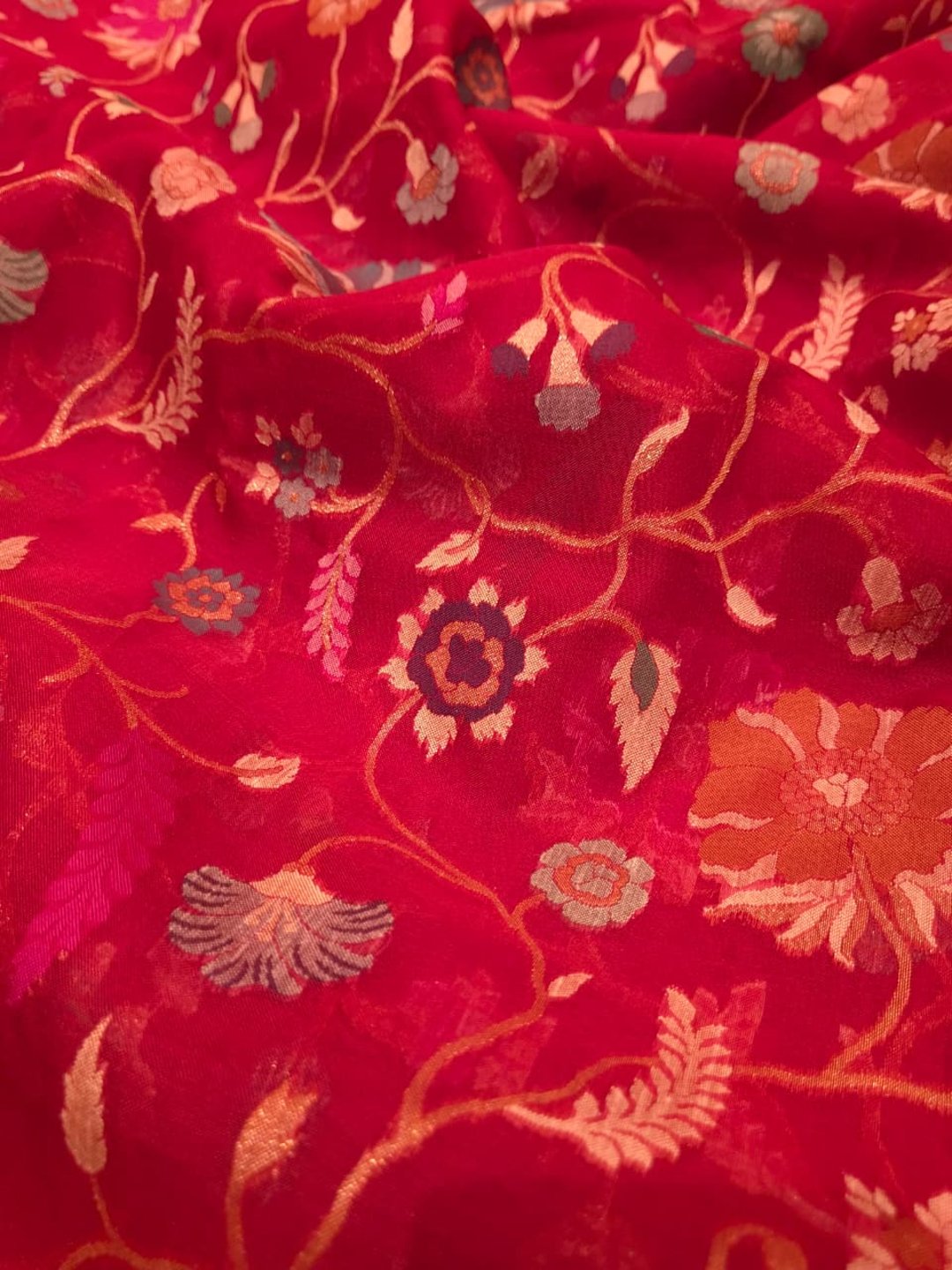 Maroon Kora Silk Banarasi saree full spread