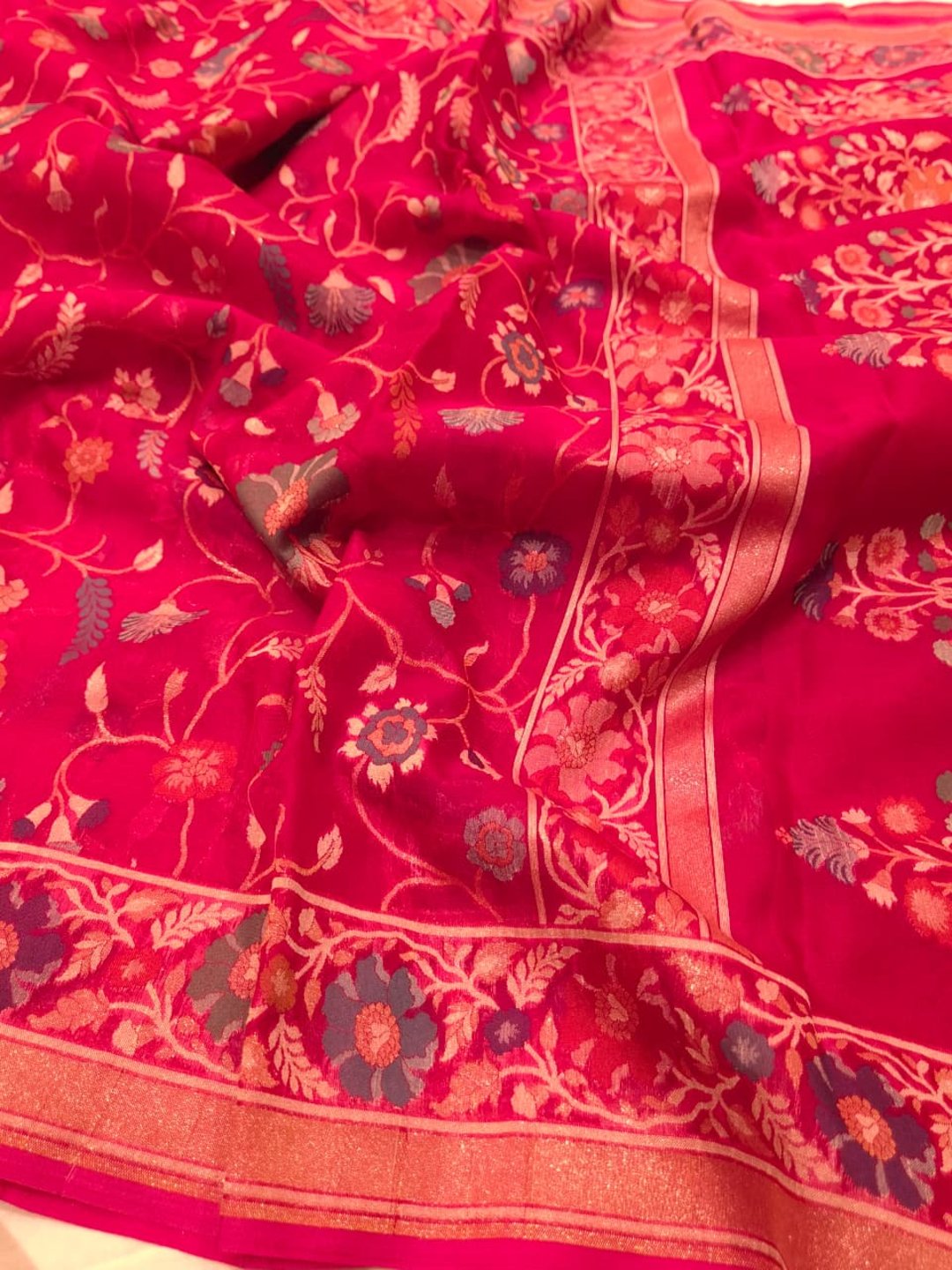 Rani Pink Kora Silk Banarasi saree front drape view