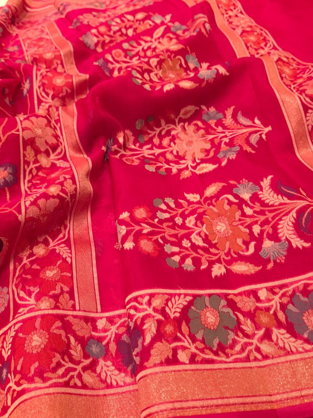 Rani Pink Kora Silk Banarasi saree full spread