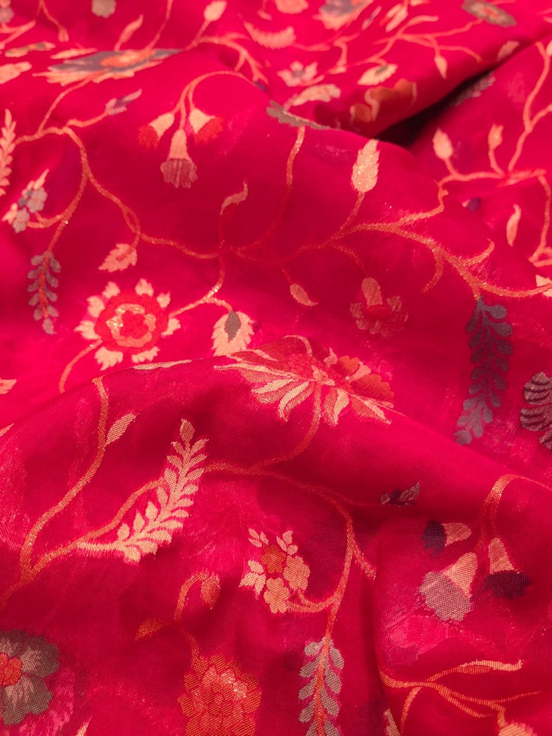 Rani Pink Kora Silk Banarasi saree folded view