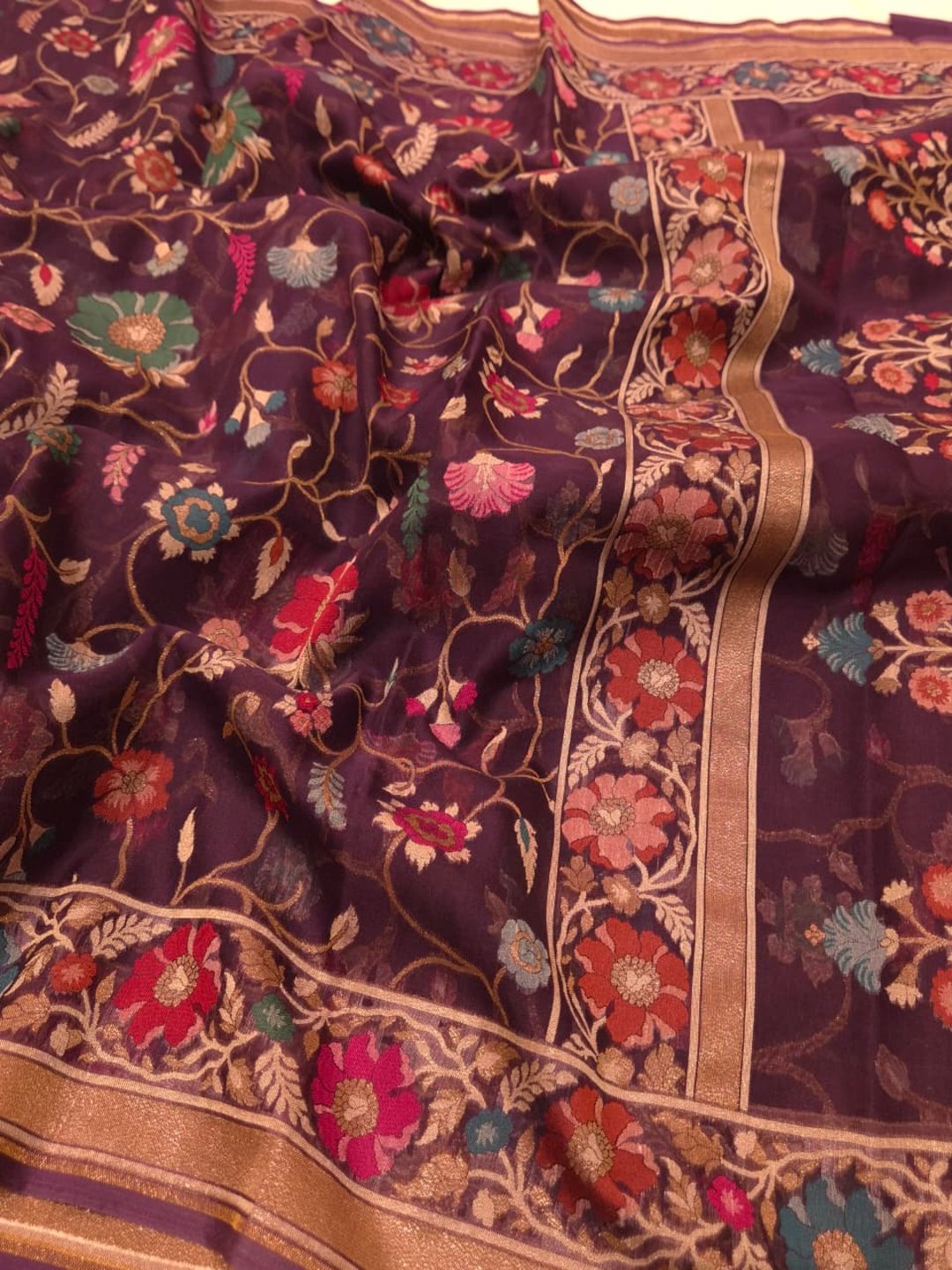 Purple Kora Silk Banarasi saree front drape view