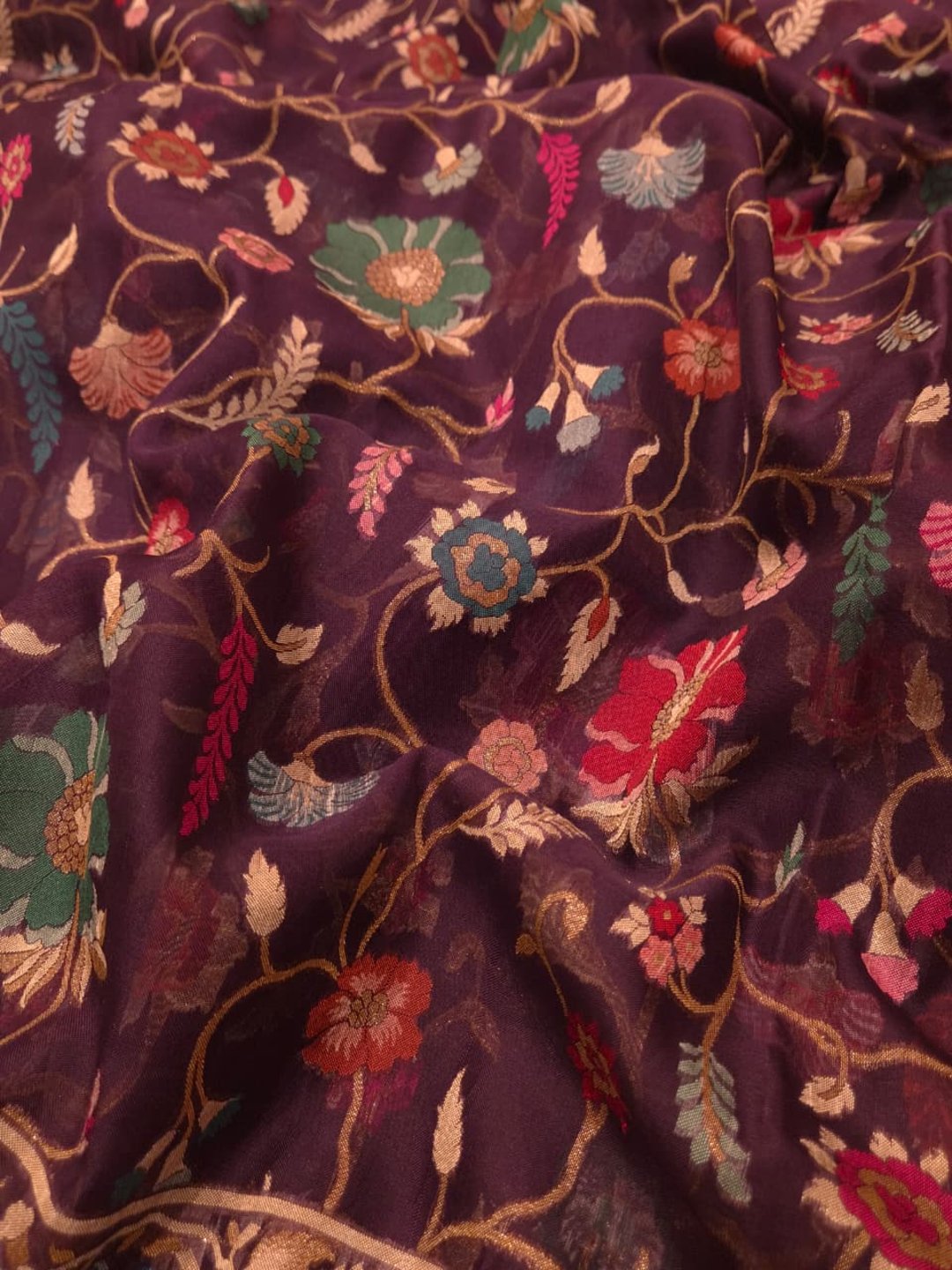 Purple Kora Silk Banarasi saree pallu detail