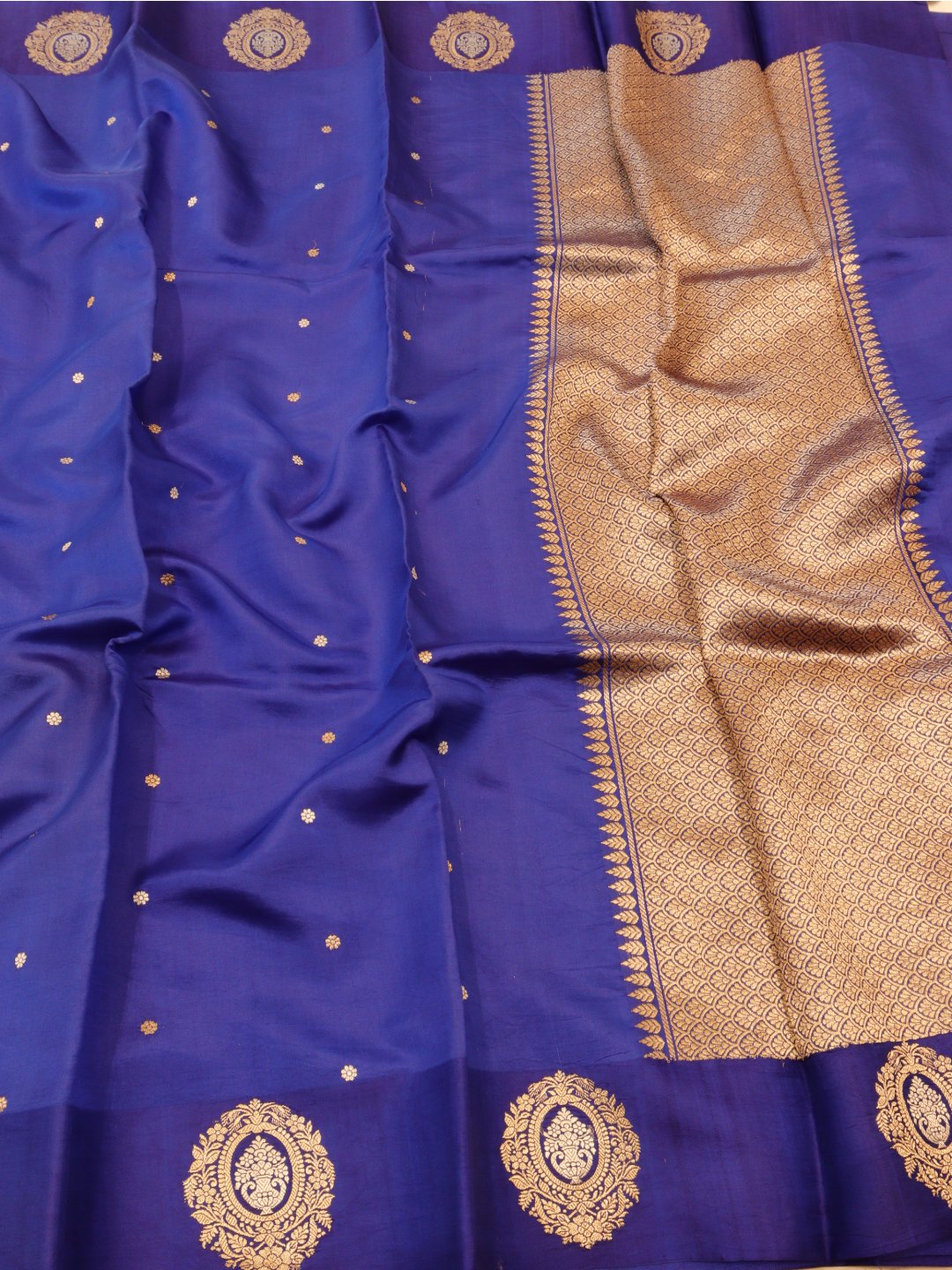 Royal Blue Katan Silk Banarasi saree front drape view