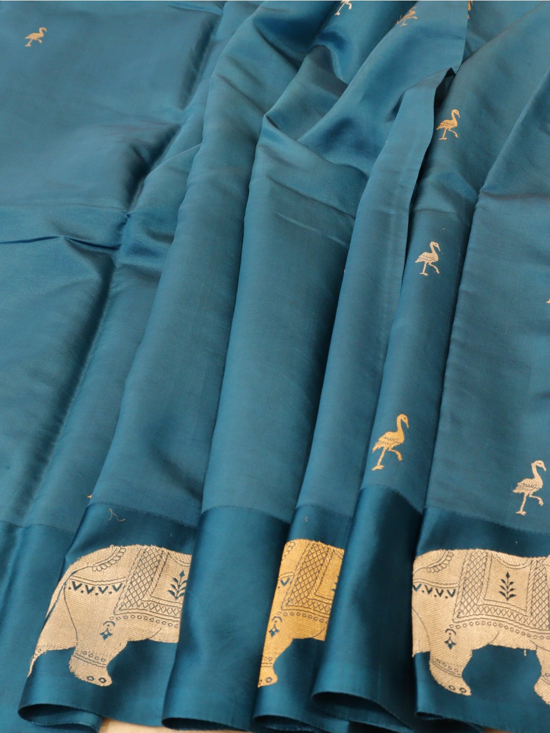 Deep teal blue with gold and silver-toned zari Katan Silk Banarasi saree blouse piece