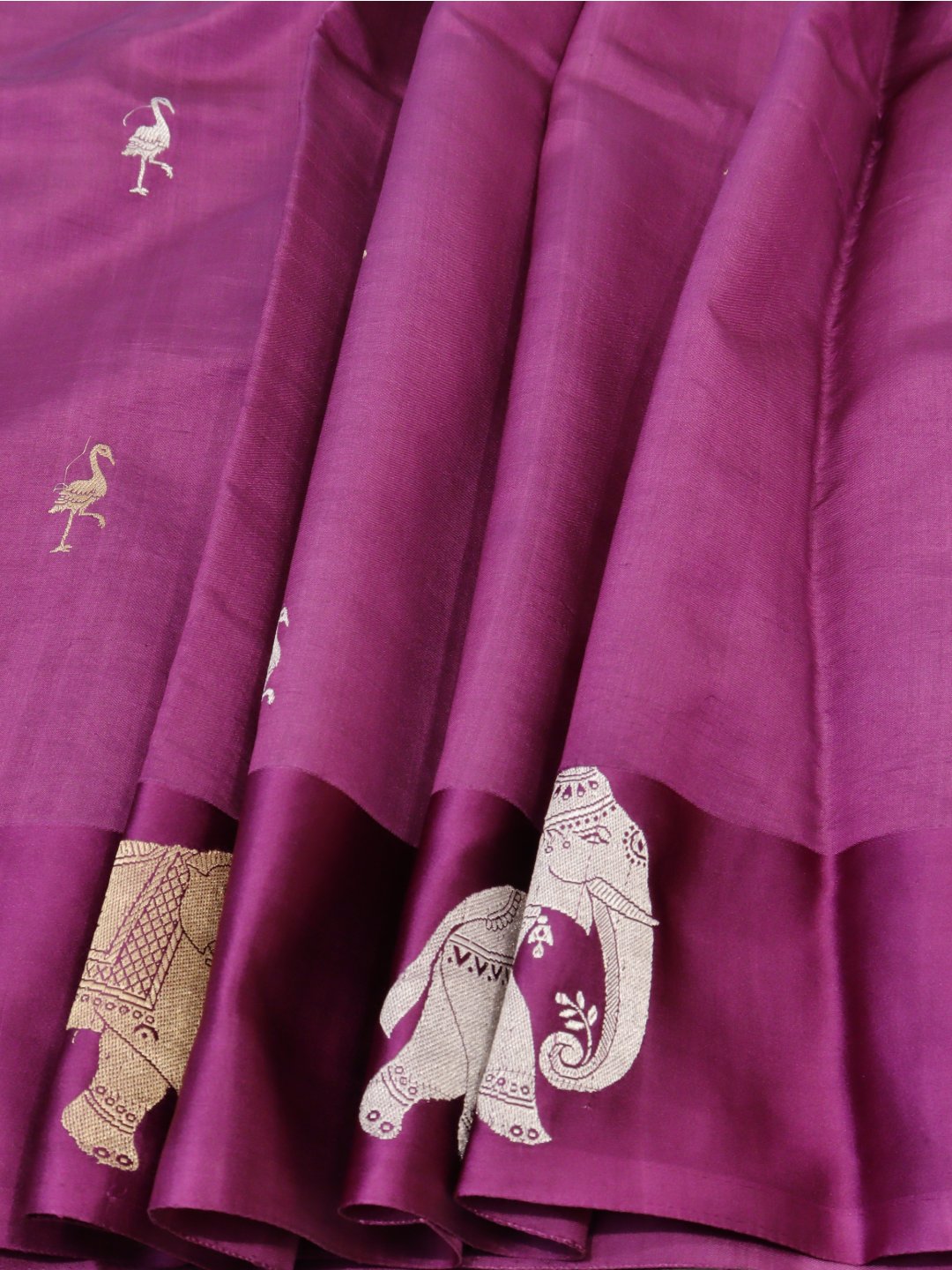 Magenta Pink with gold and silver-toned zari Katan Silk Banarasi saree border closeup