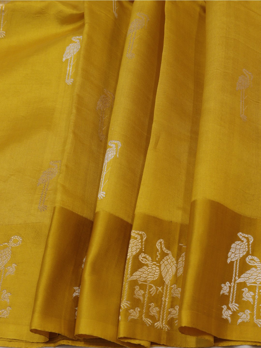 Yellow with gold and silver-toned zari Katan Silk Banarasi saree full spread