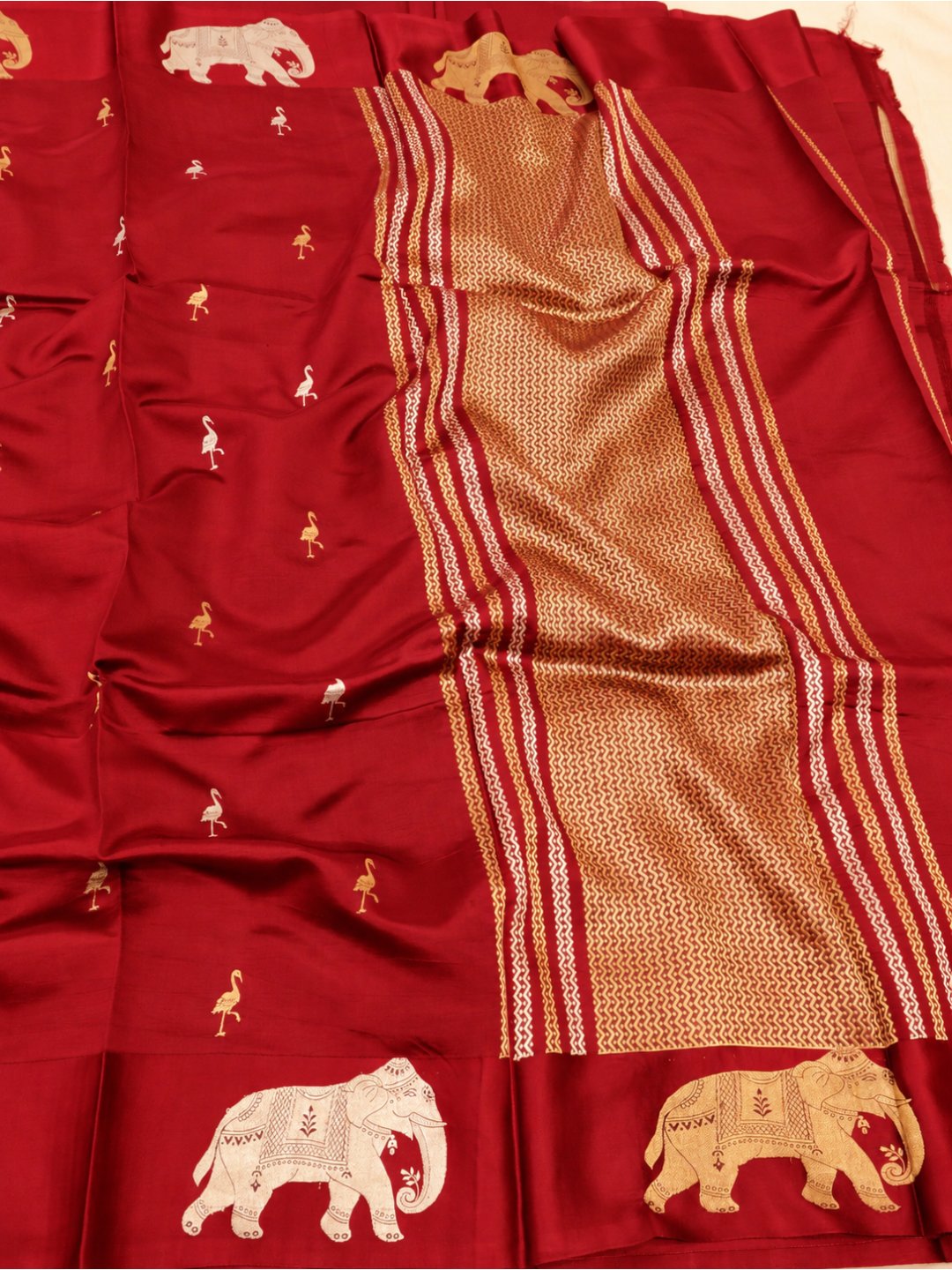 Royal Red with gold and silver-toned zari Katan Silk Banarasi saree front drape view