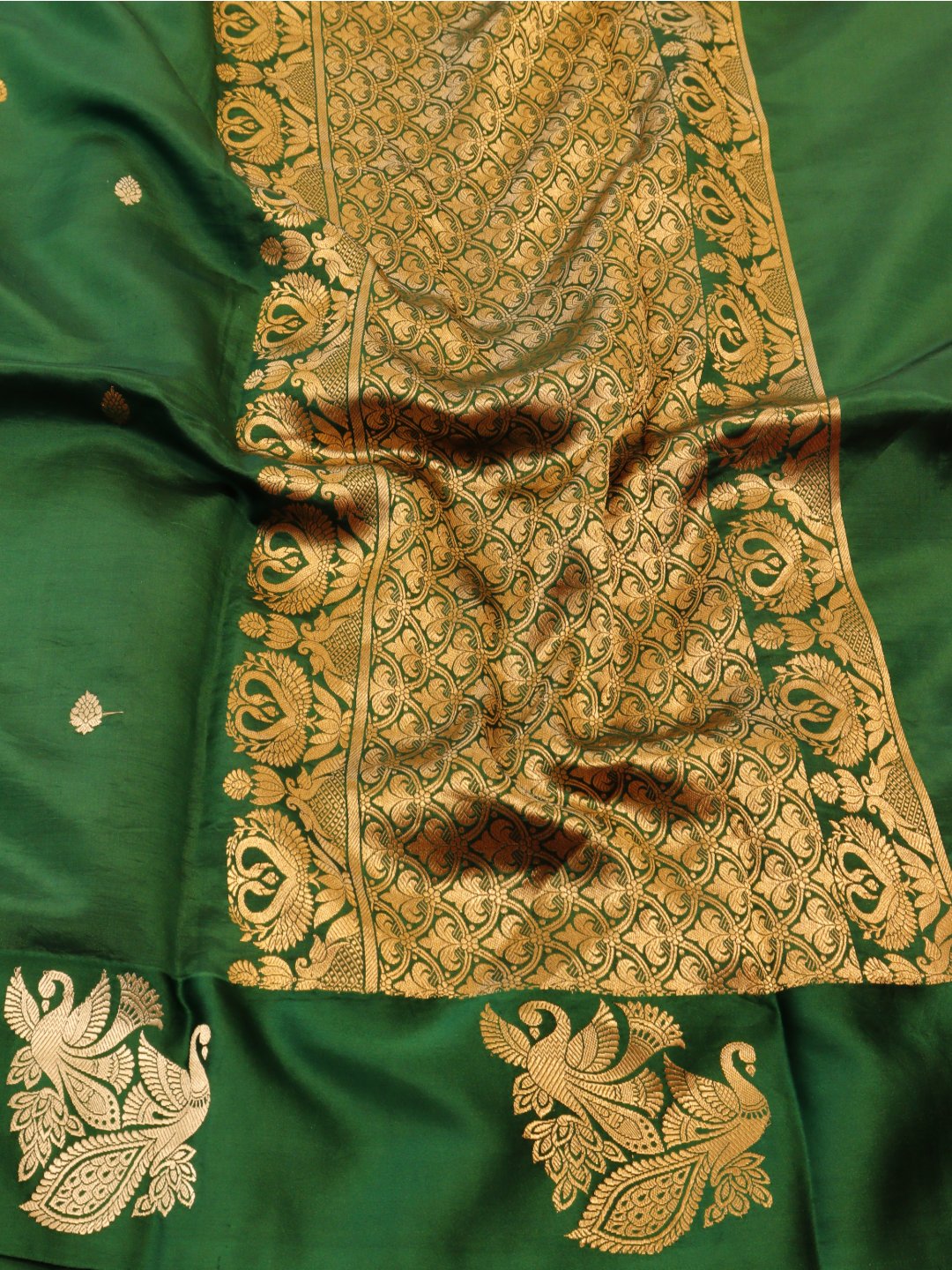 Bottle Green with gold and silver-toned zari Katan Silk Banarasi saree pallu detail