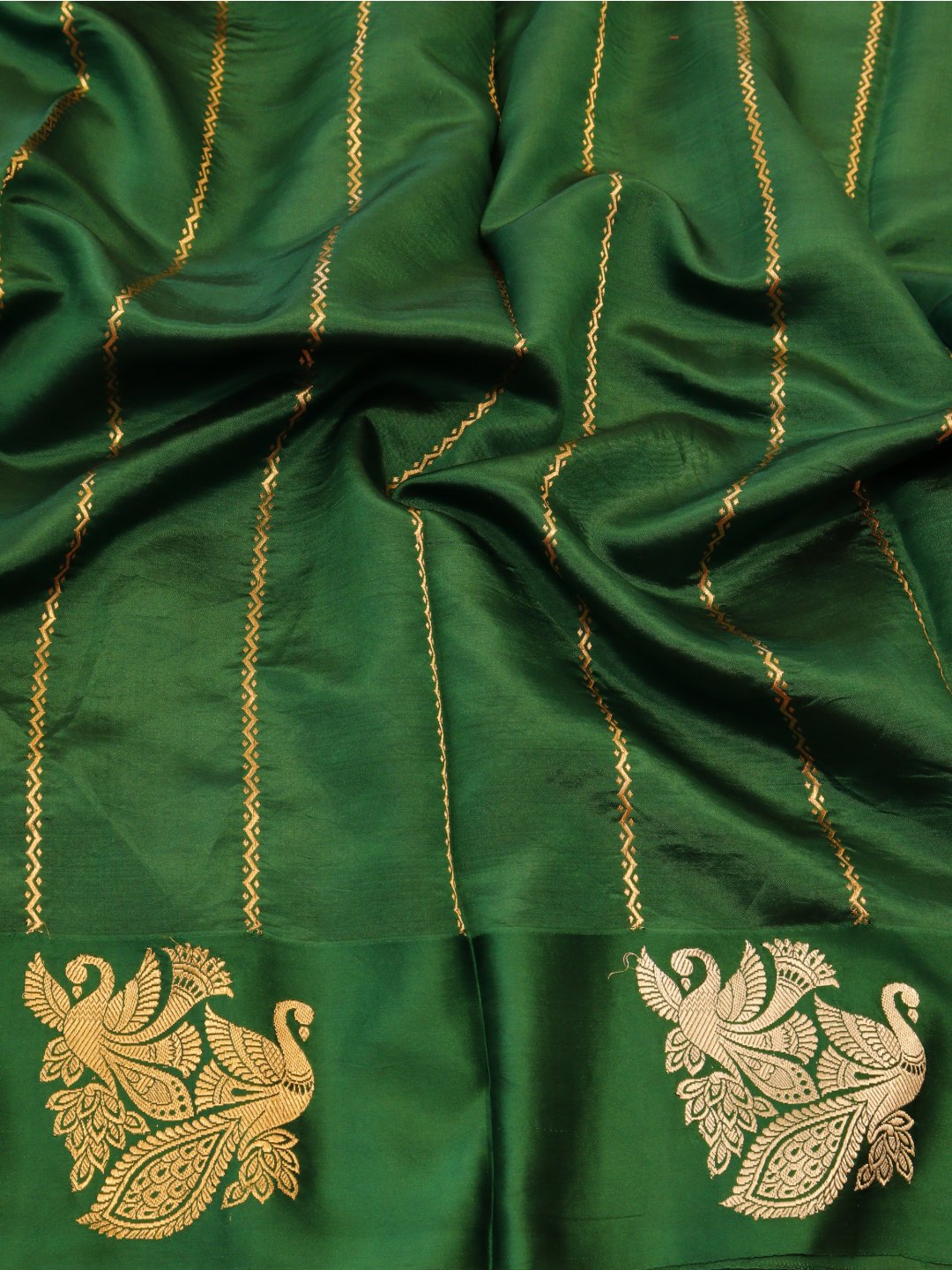Bottle Green with gold and silver-toned zari Katan Silk Banarasi saree full spread