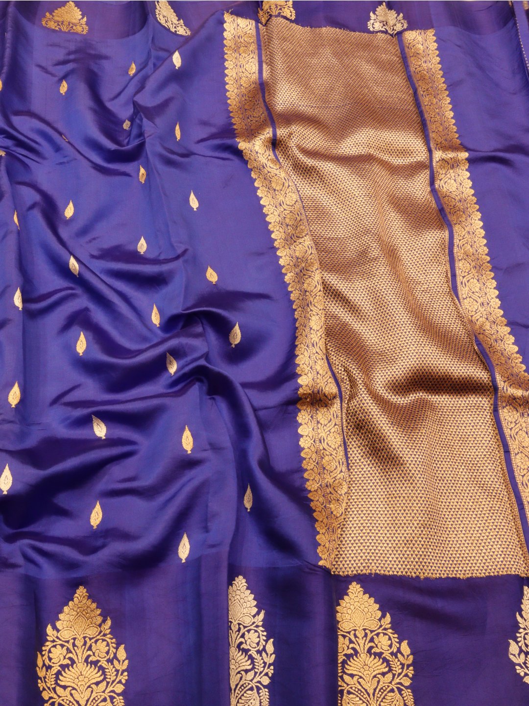 Royal Blue Katan Silk Banarasi saree front drape view