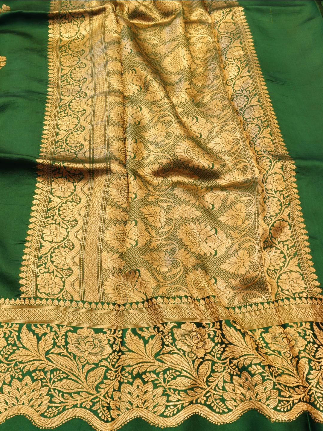 Dark Green Katan Silk Banarasi saree border closeup