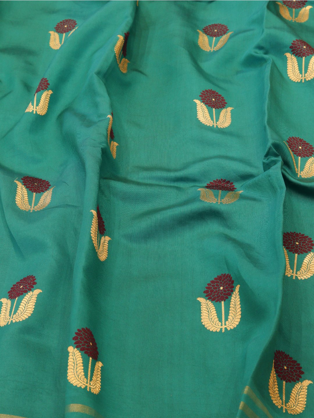 Teal Green Katan Silk Banarasi saree border closeup