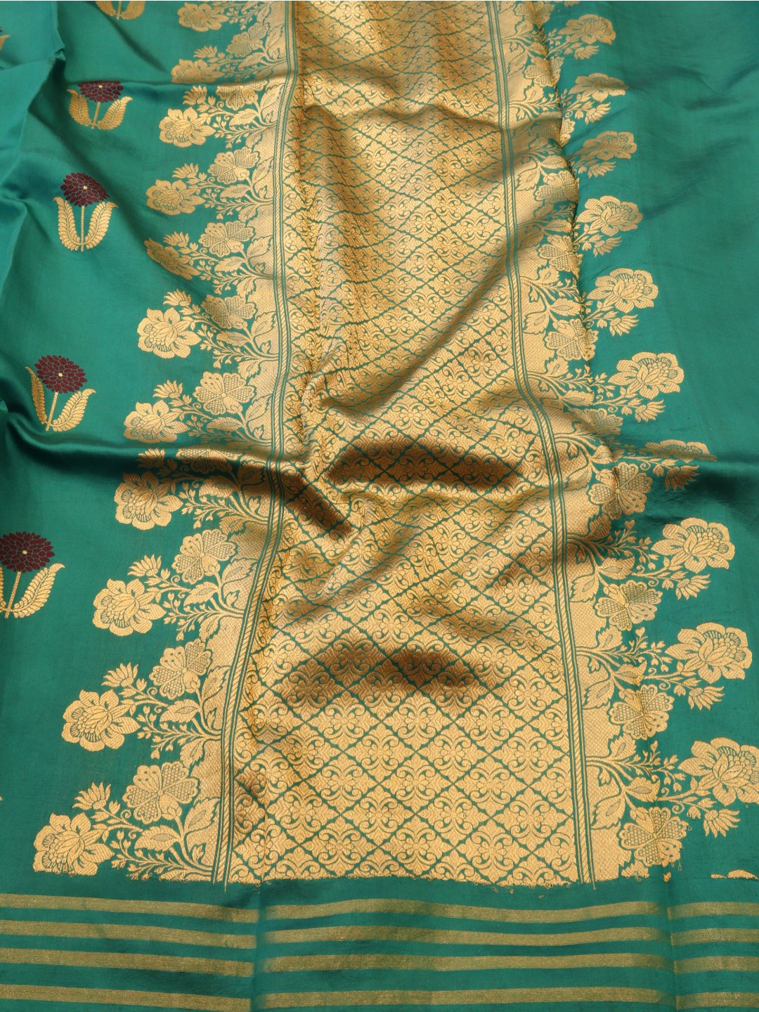 Teal Green Katan Silk Banarasi saree front drape view