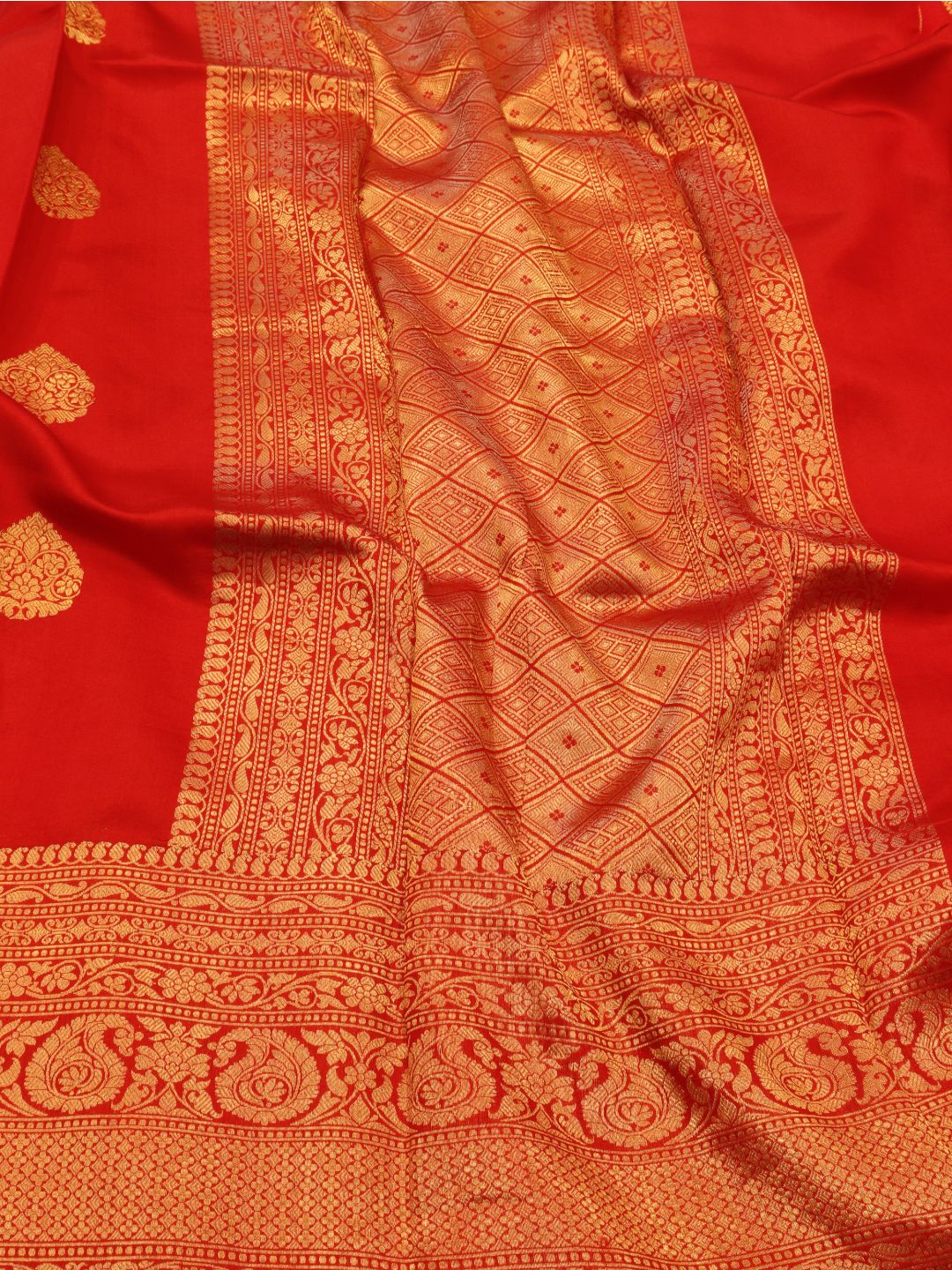 Red Katan Silk Banarasi saree border closeup