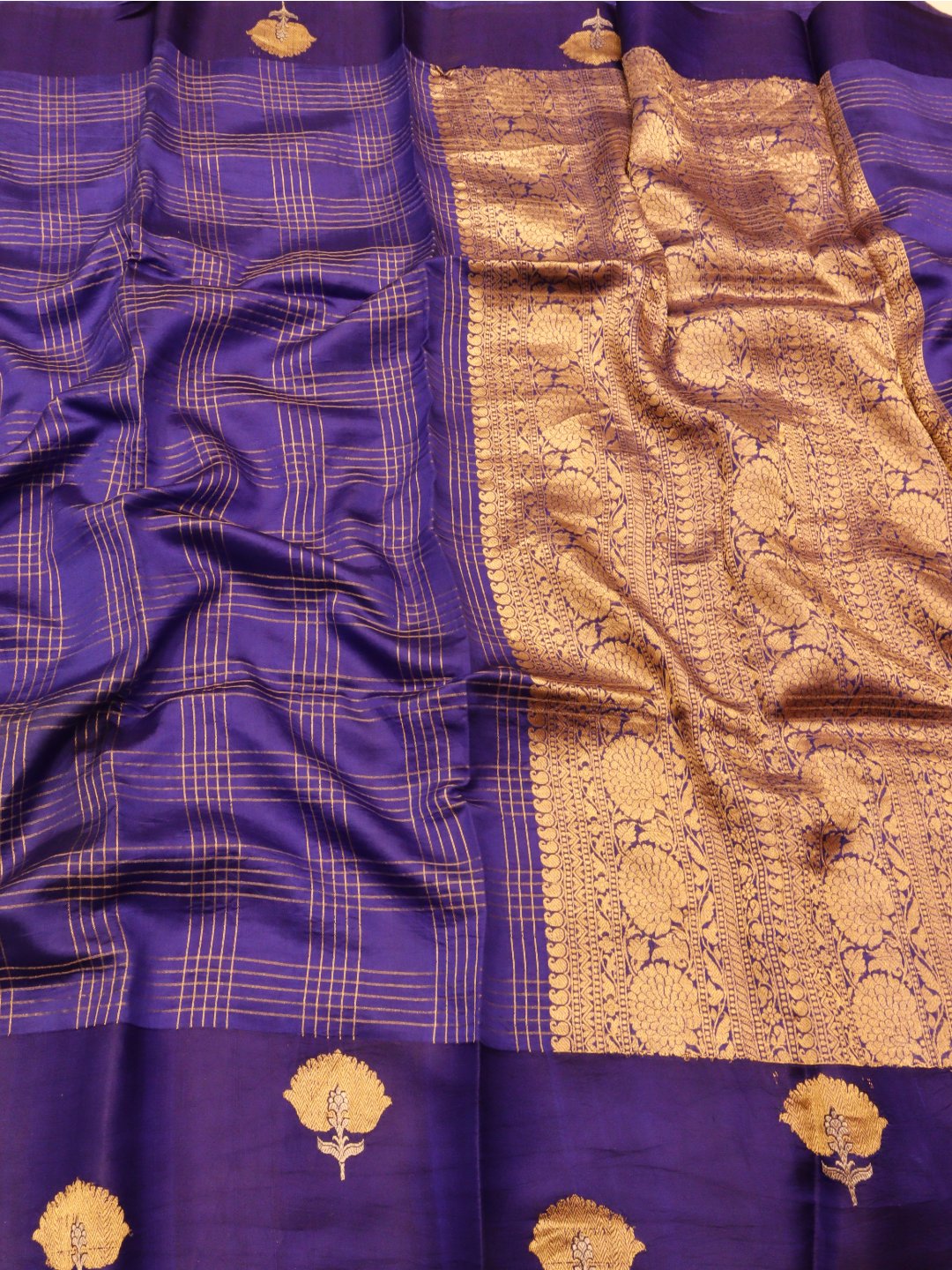 Rich royal purple with gold zari detailing Katan Silk Banarasi saree border closeup