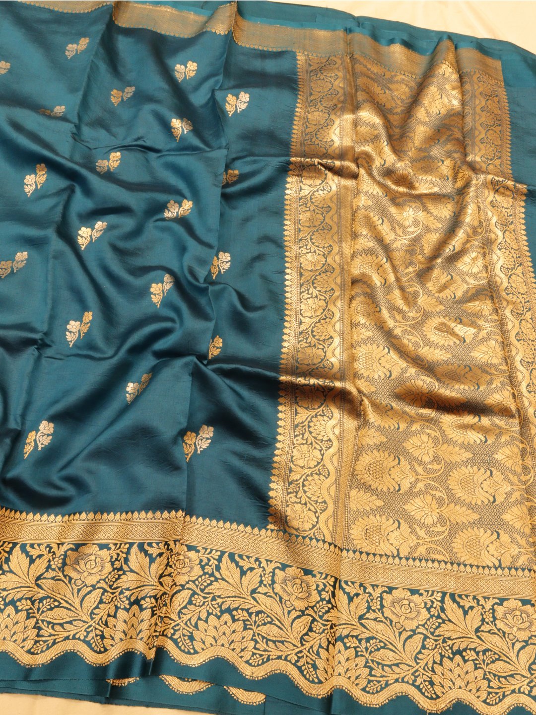Teal Blue Katan Silk Banarasi saree front drape view