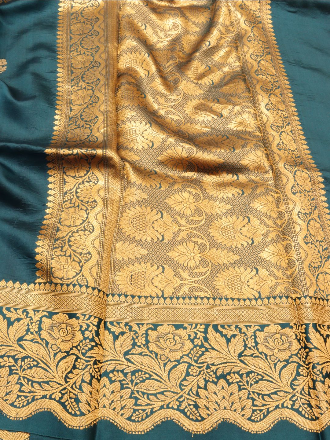 Teal Blue Katan Silk Banarasi saree pallu detail