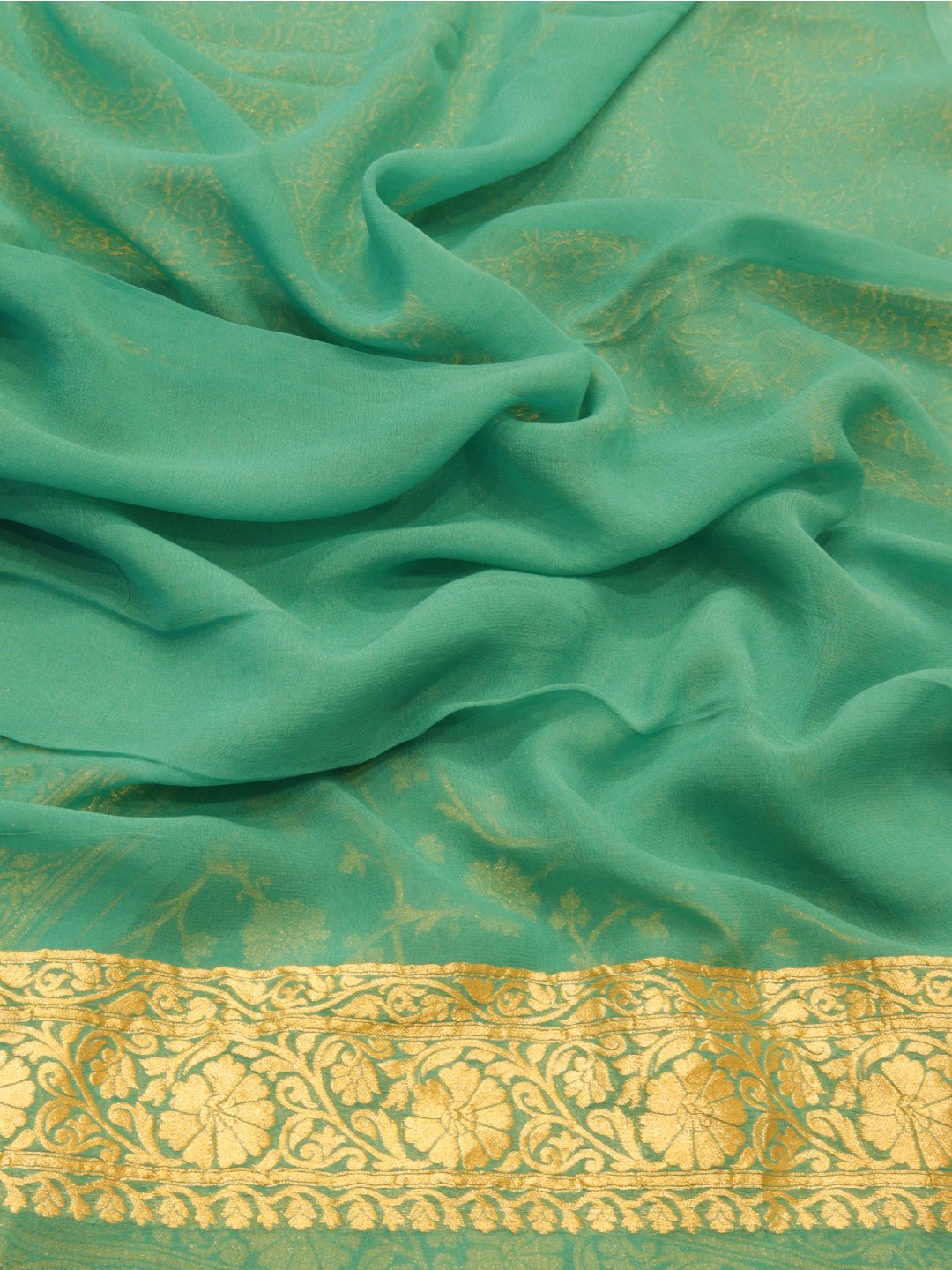Sea Green with silver zari detailing Khaddi Georgette Banarasi saree full spread