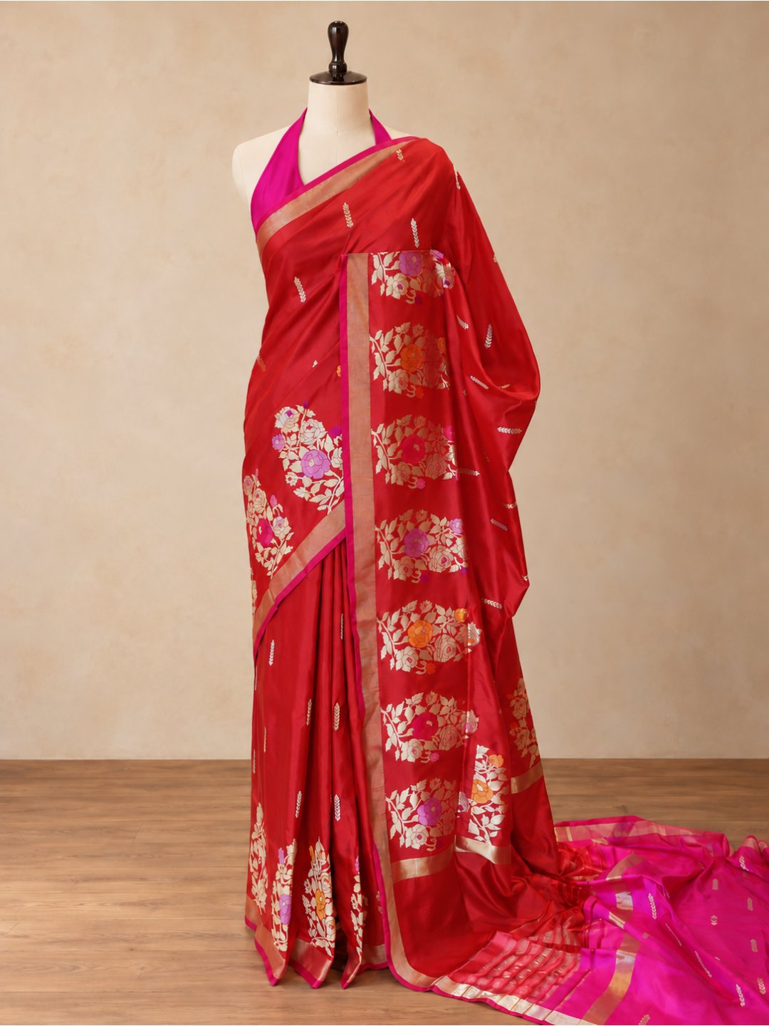 Red with a contrasting rani pink edge and gold-toned zari Katan Silk Banarasi saree pallu detail