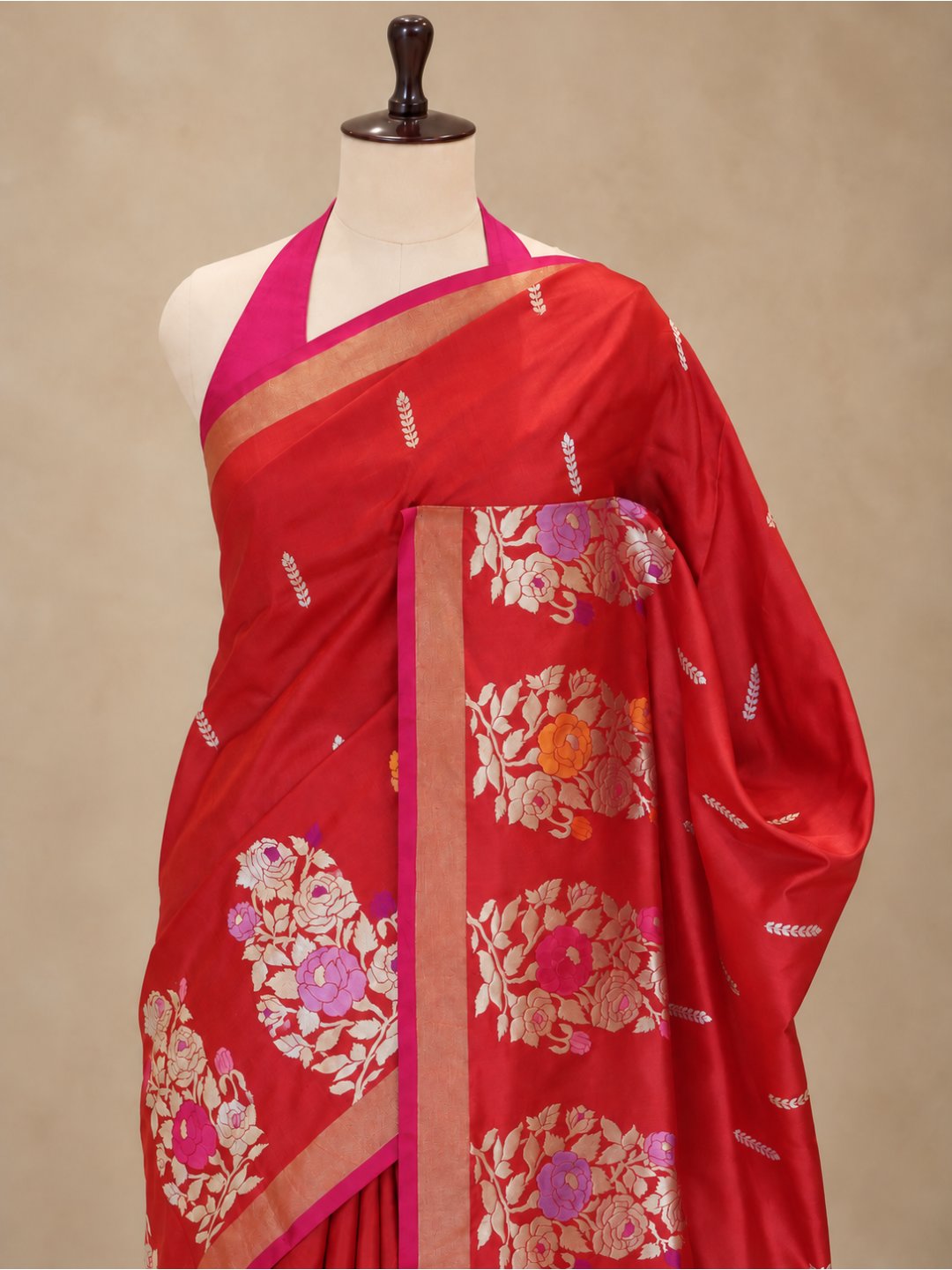 Red with a contrasting rani pink edge and gold-toned zari Katan Silk Banarasi saree front drape view
