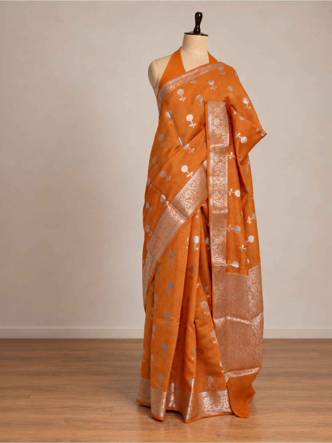 Orange with silver-toned zari detailing Chiniya Silk Banarasi saree blouse piece