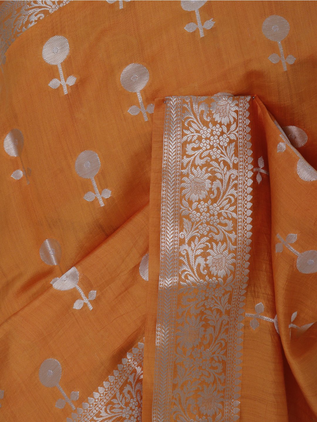 Orange with silver-toned zari detailing Chiniya Silk Banarasi saree zari work detail