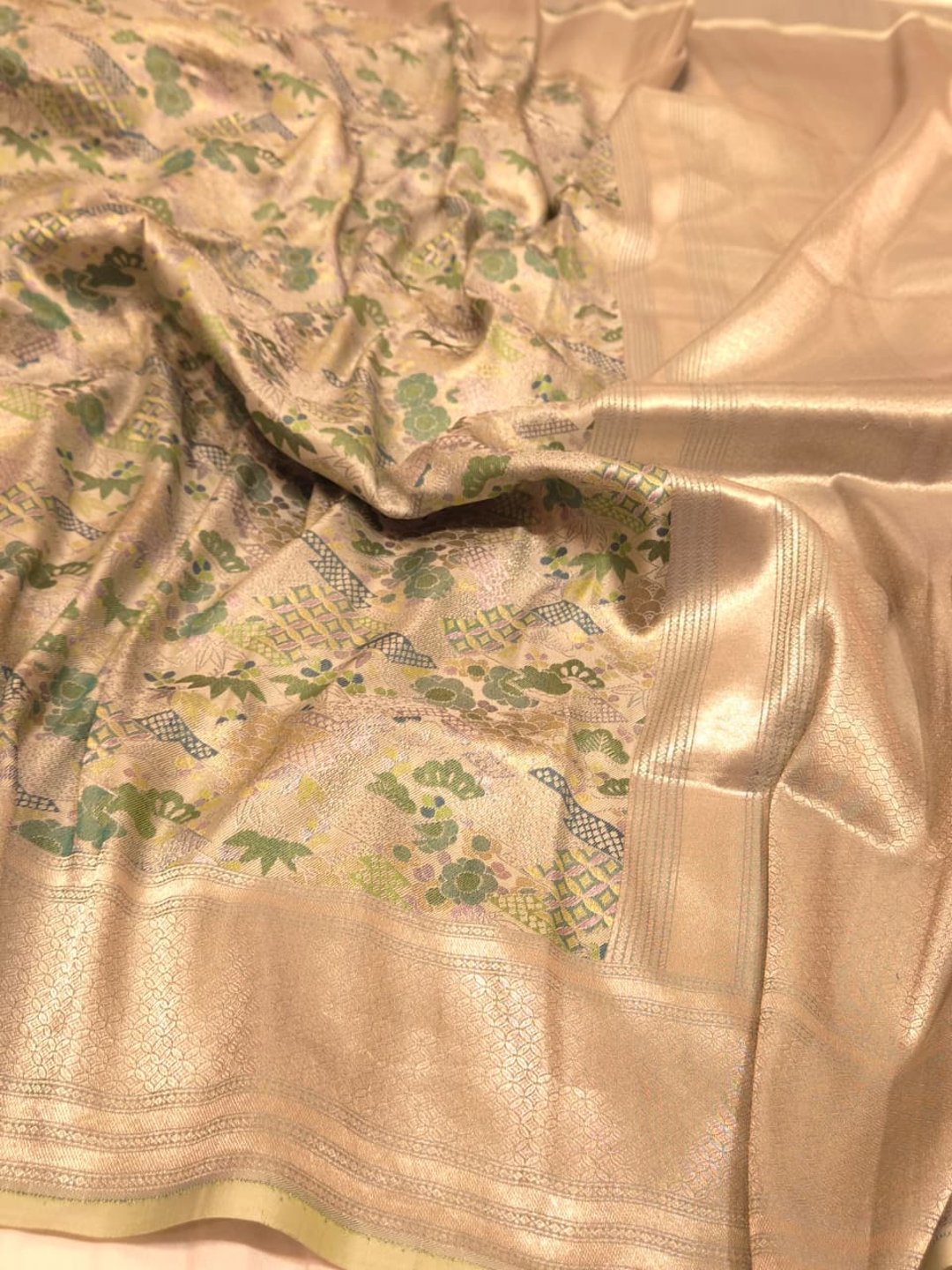 Pista Green Mulbari silk Banarasi saree front drape view