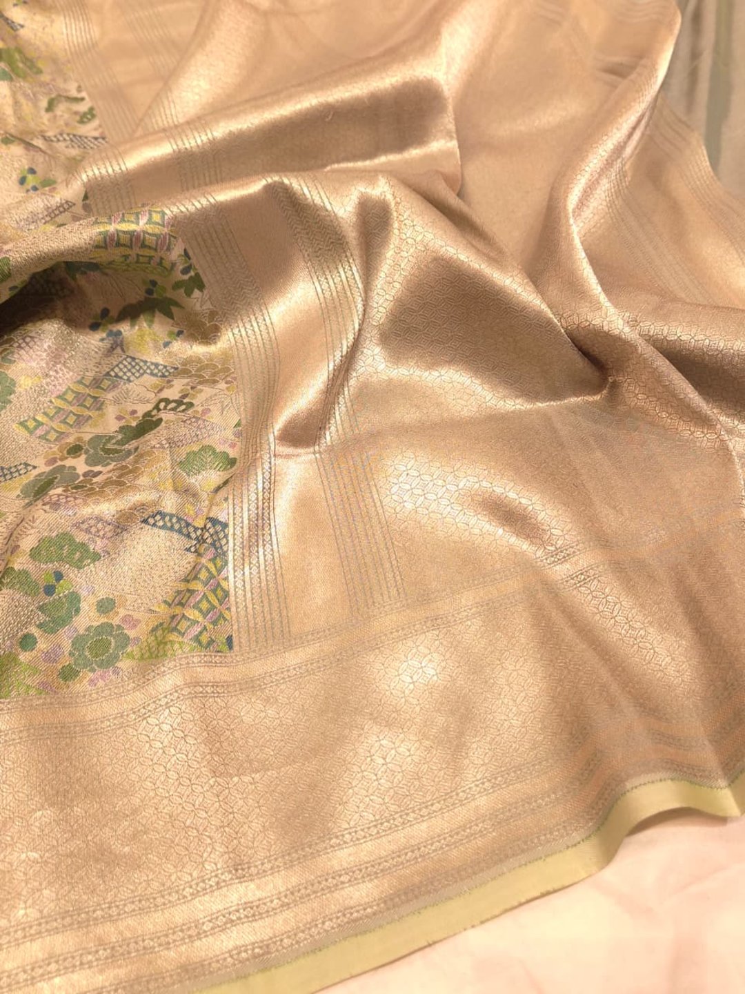 Pista Green Mulbari silk Banarasi saree texture detail