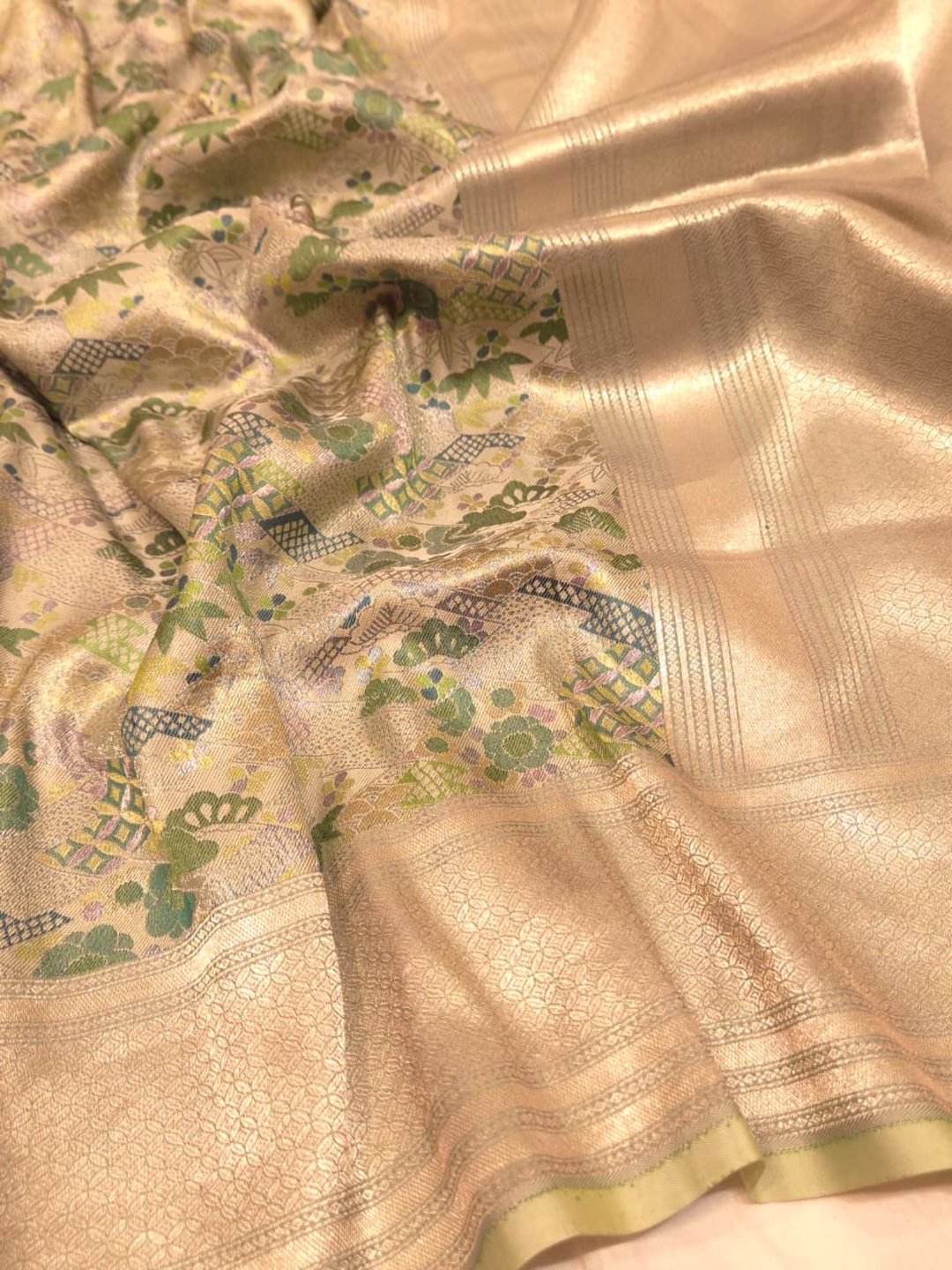 Pista Green Mulbari silk Banarasi saree zari work detail