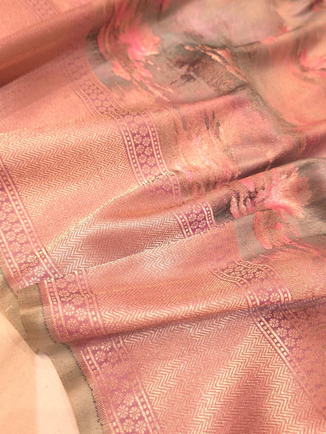 Grey body with pink lotus base floral motifs Mulbari silk Banarasi saree front drape view