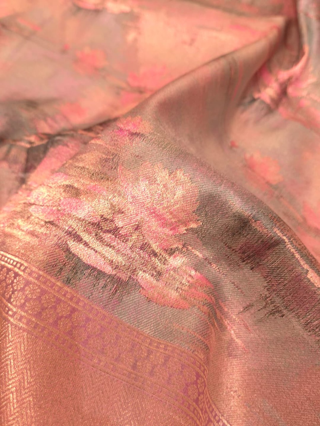 Grey body with pink lotus base floral motifs Mulbari silk Banarasi saree front drape view