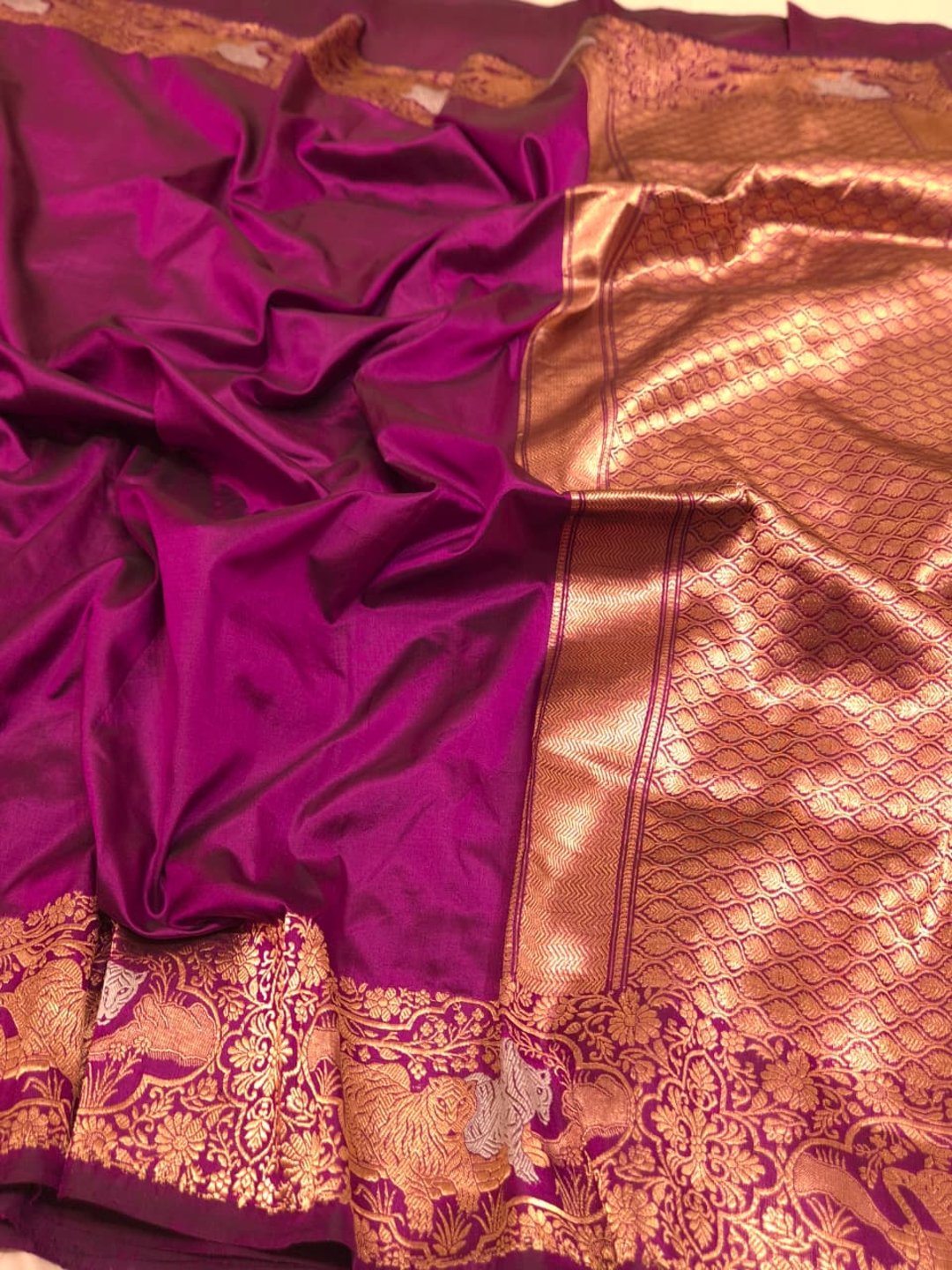 Magenta Pink with gold-toned weaving Katan Silk Banarasi saree front drape view