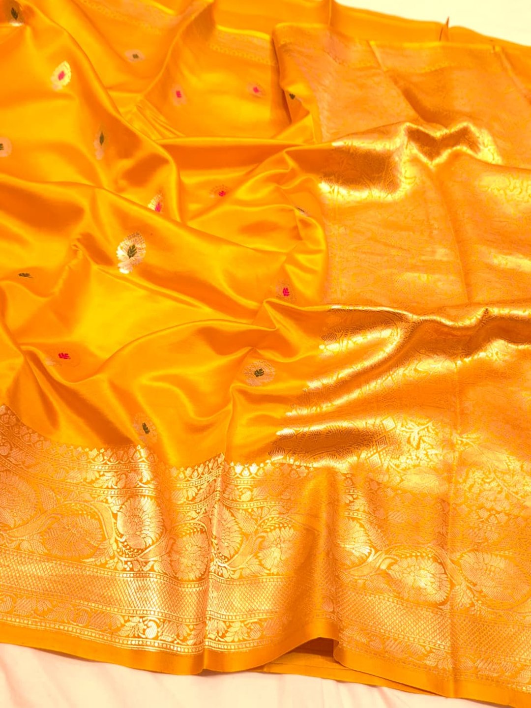 Musturd yellow Katan Silk Banarasi saree front drape view