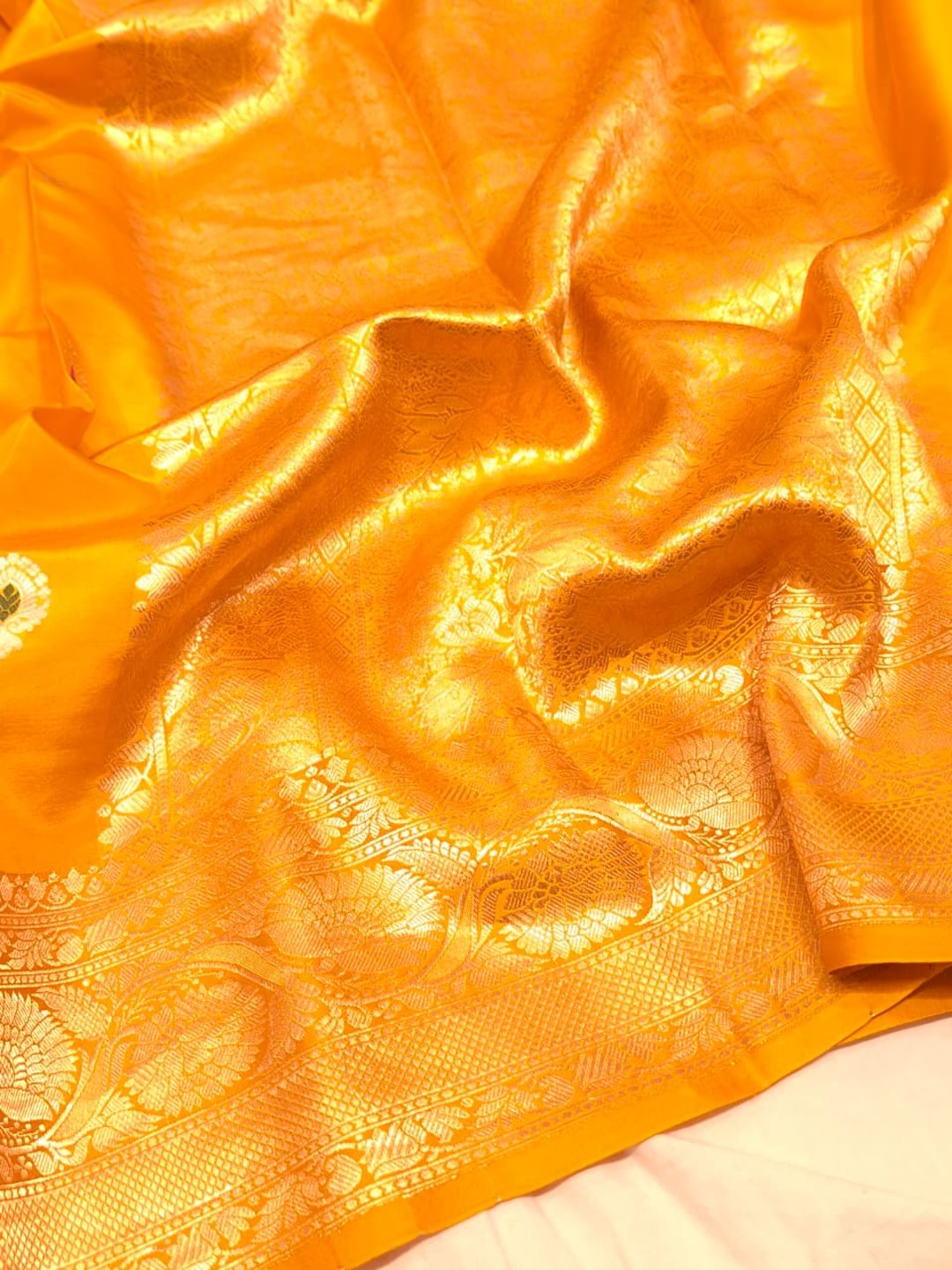 Musturd yellow Katan Silk Banarasi saree full spread