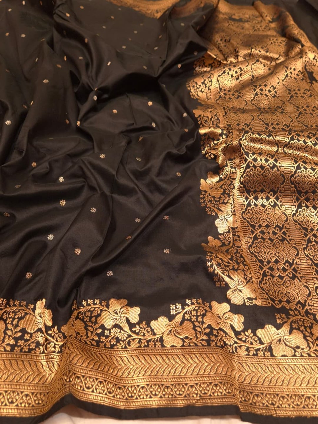Black with Golden Floral border Katan Silk Banarasi saree front drape view