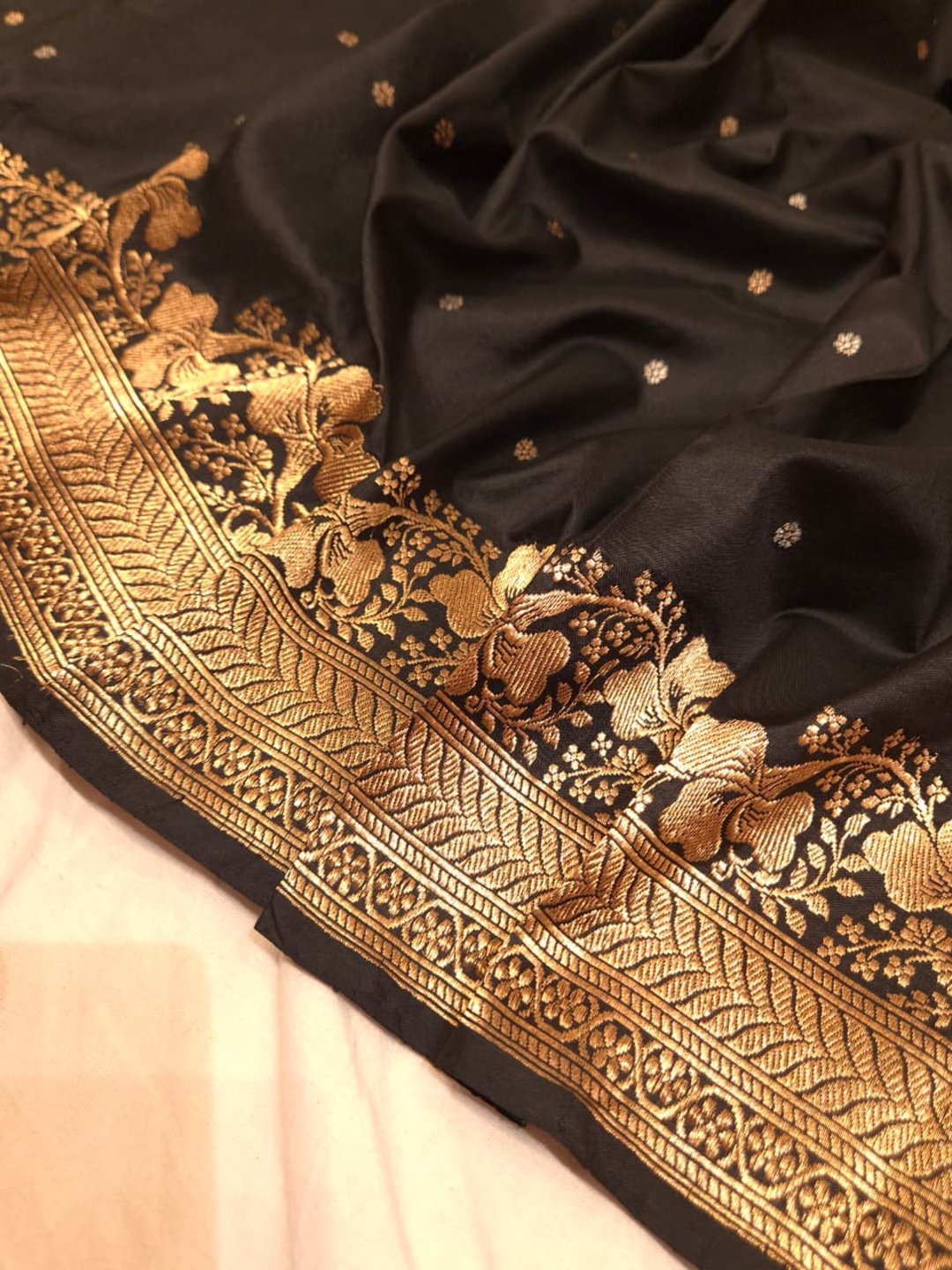 Black with Golden Floral border Katan Silk Banarasi saree blouse piece