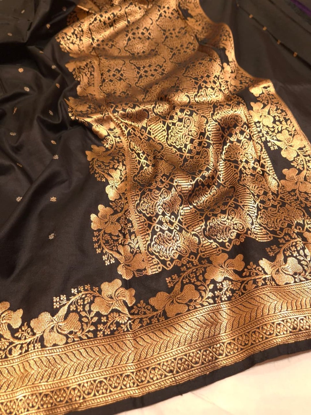 Black with Golden Floral border Katan Silk Banarasi saree full spread