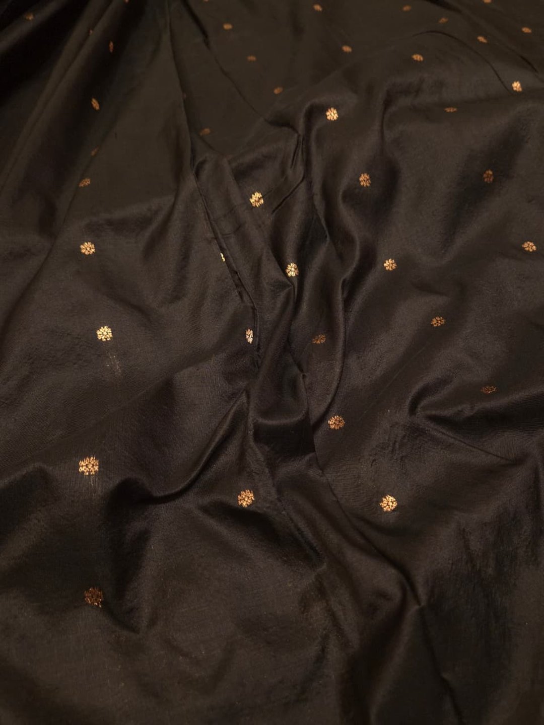 Black with Golden Floral border Katan Silk Banarasi saree texture detail