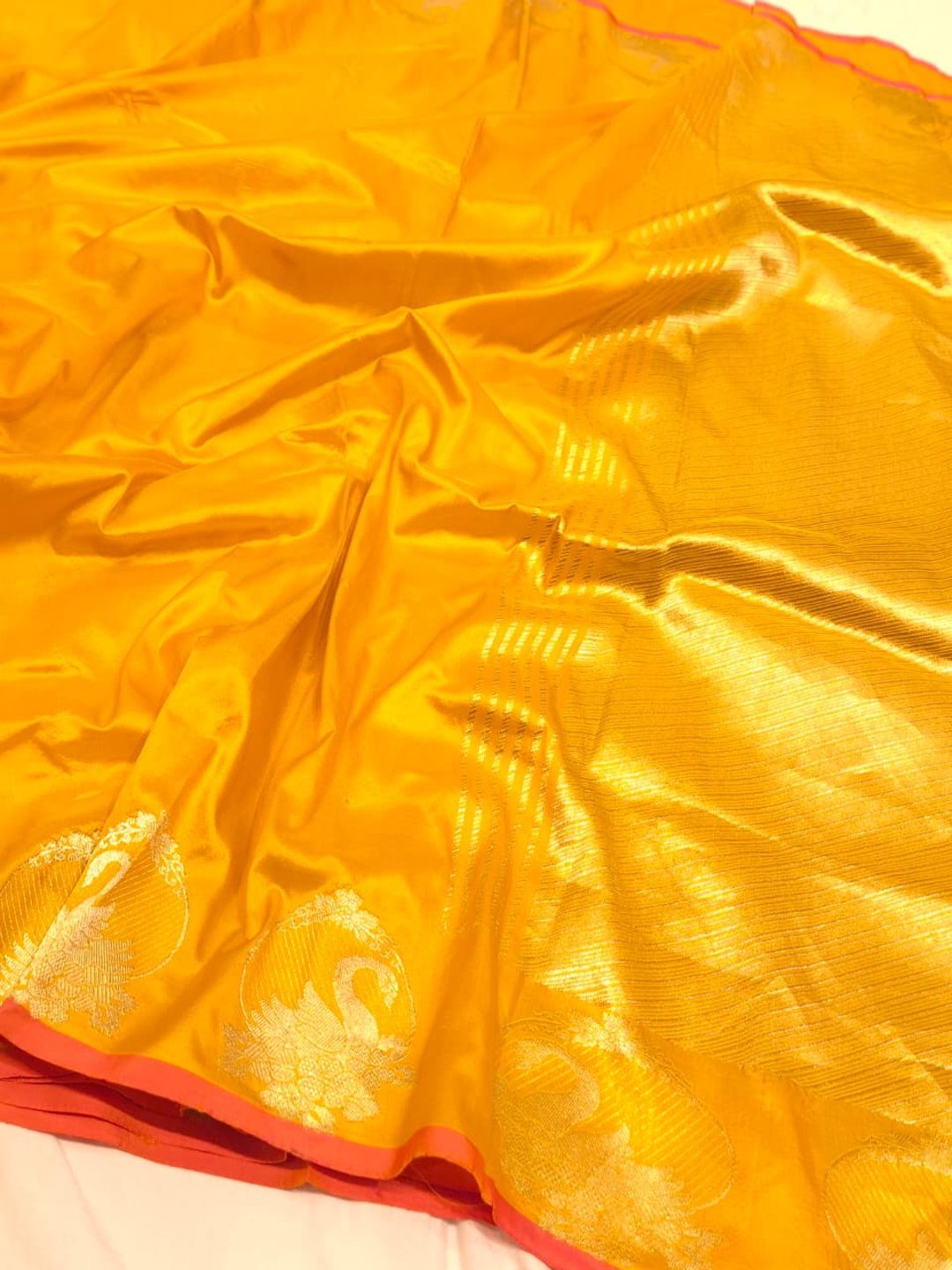 Yellow with Golden bird pattern border Katan Silk Banarasi saree blouse piece