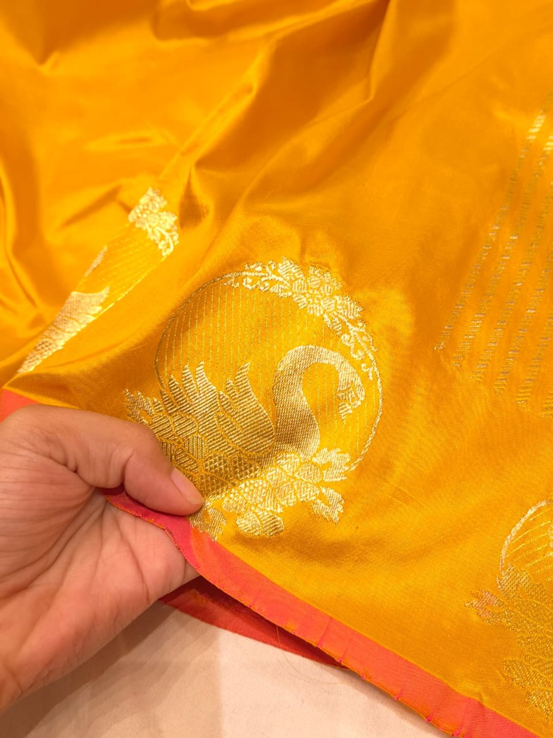 Yellow with Golden bird pattern border Katan Silk Banarasi saree pallu detail