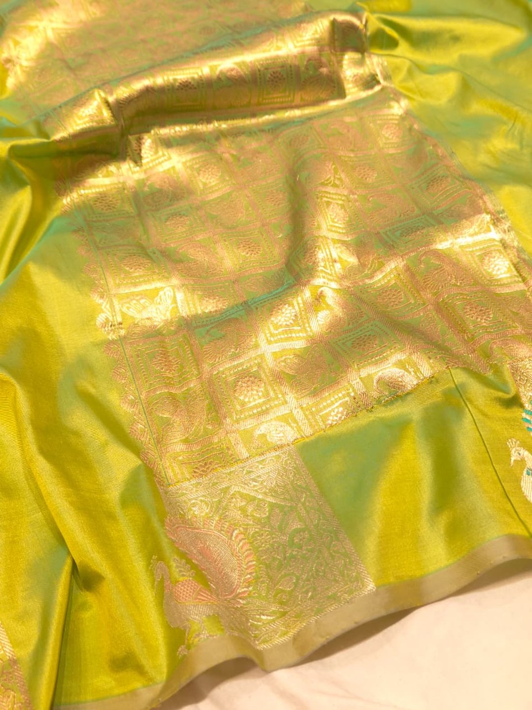 Light Green Katan Silk Banarasi saree full spread