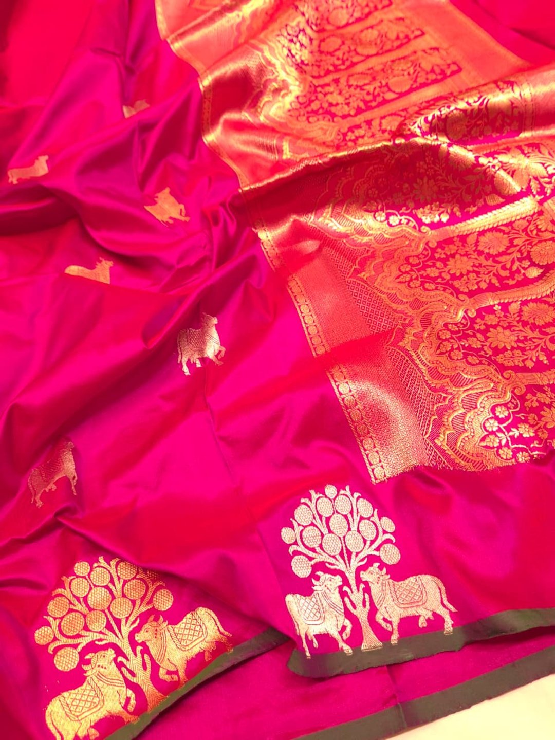 Rani Pink with gold-toned weaving Katan Silk Banarasi saree front drape view