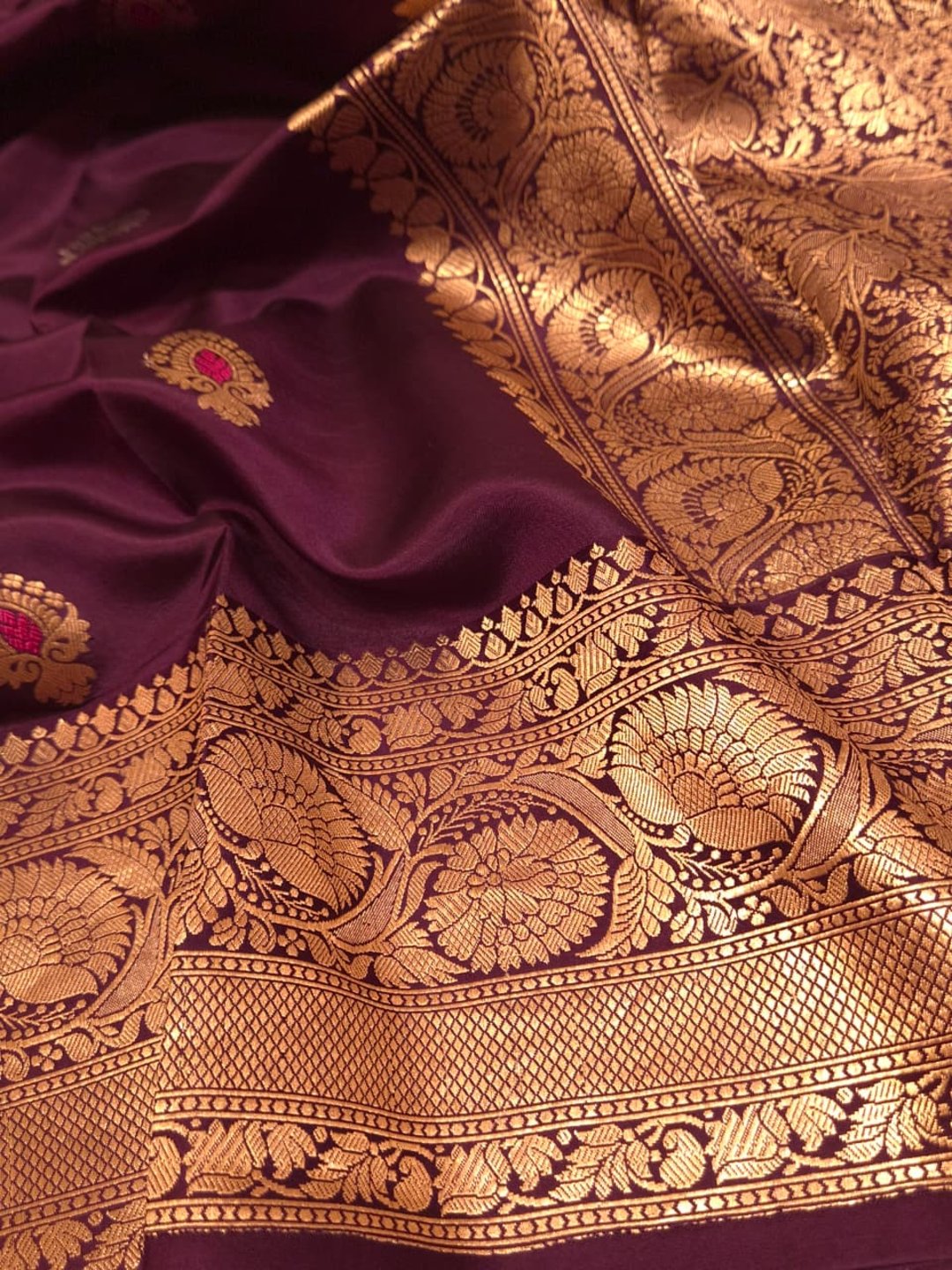 Brown Katan Silk Banarasi saree pallu detail