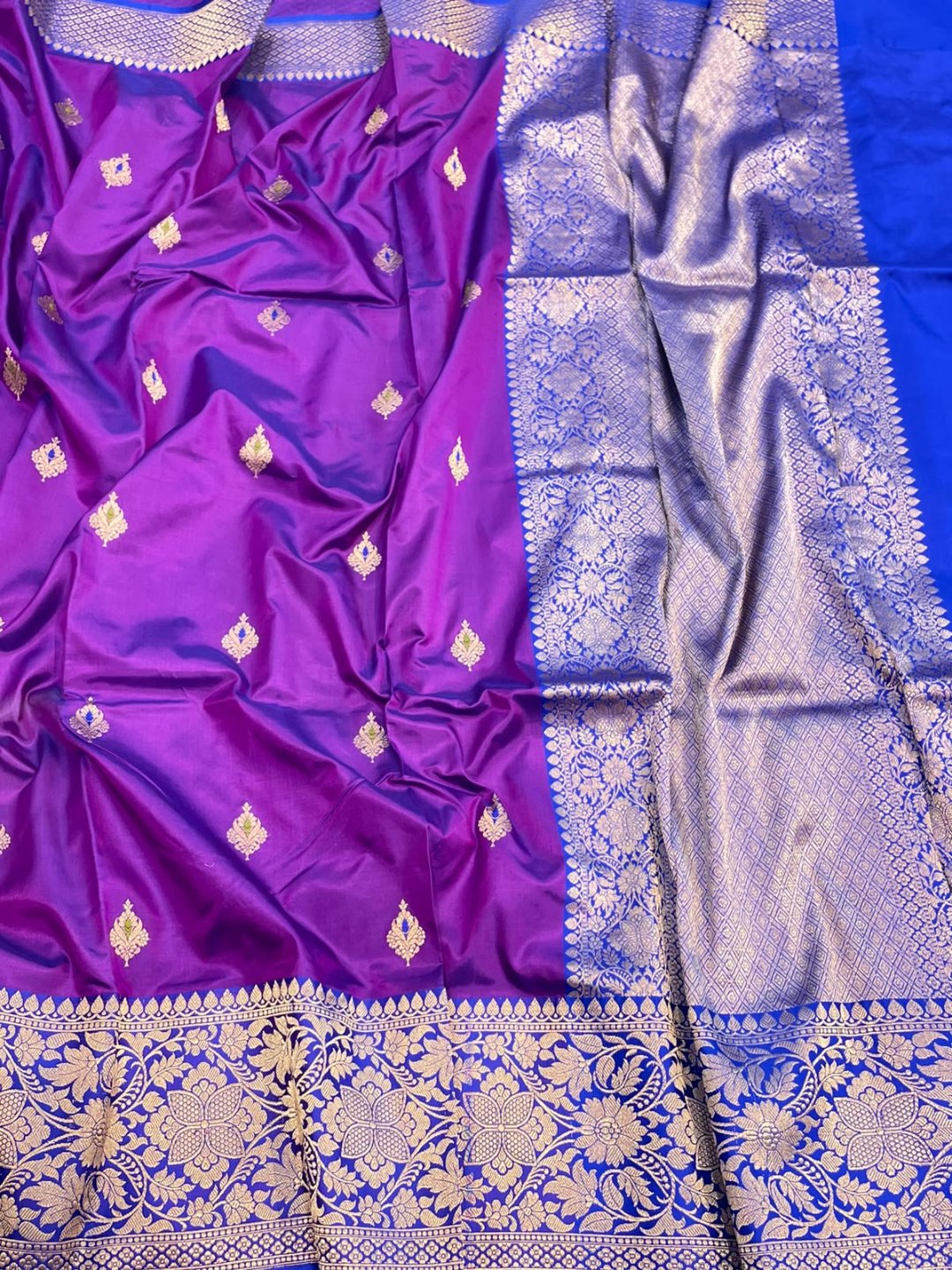 Deep purple with dark blue satin border Katan Silk Banarasi saree front drape view