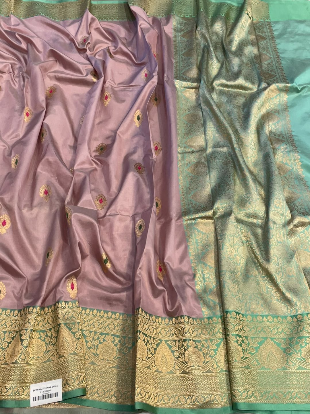 Onion pink with sea green border Katan Silk Banarasi saree front drape view