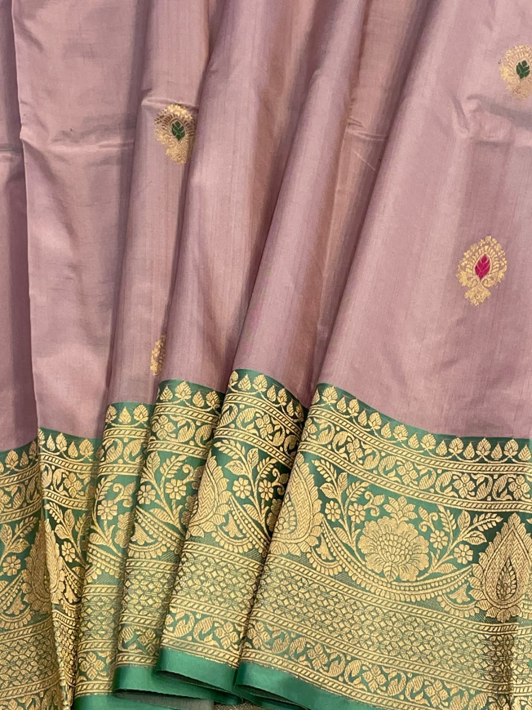 Onion pink with sea green border Katan Silk Banarasi saree blouse piece